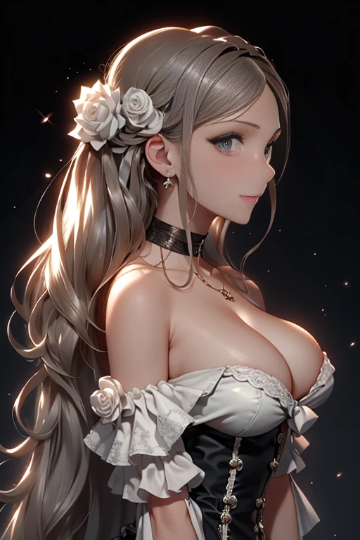 (dynamic angle:1.3, front view:1.1, breast focus:1.3, from below:1.2), (dynamic posing:1.5, sexy posing:1.2, leaning forward), (seductive smiling:1.3),(*K) HD, highest quality, Anime style beutiful woman, 1girl,fullbody, happy, (with sparkling eyes and a contagious smile:1.2), red face, closed mouth, beautiful detailed eyes, super detailed skin, backlighting, bare shoulders, black background, black dress, black gloves, silver hair, breasts, dress, earrings, fingerless gloves, floating hair, floral print, flower, gloves, gold earrings, gold hairband, hair flower, hair ornament, hairband, holding, holding two-hands weapon, jewelry, medium breasts, long hair, looking at viewer, off-shoulder dress, off shoulder,red eyes, short hair with long locks, sidelocks, solo, spikes, thighs, two-sided dress, two-sided fabric, weapon, fighting stance , face, close up, from above, highest quality, high resolution,Real World, Natural light,perfect Natural light,looking at viewer,