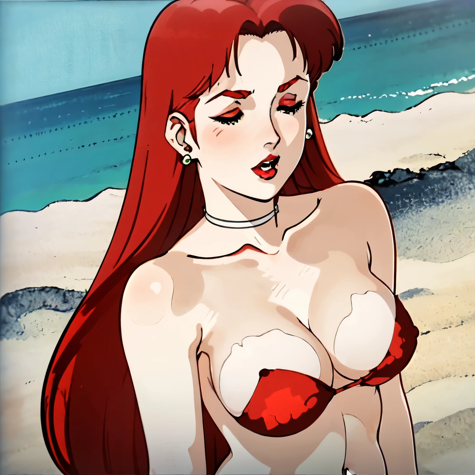 masterpiece,highres,high quality,nsfw,christinamackenzie,1girl, beach, earrings, bare shoulders, belly button, breasts, (red eyeshadow: 1.2), partially closed eyes, open mouth(1.1), horny, (red lips:1.1), choker, (face blush:1.1), (pale skin:1.2), (long hair:1.2),parted bangs,red hair,green eyes,