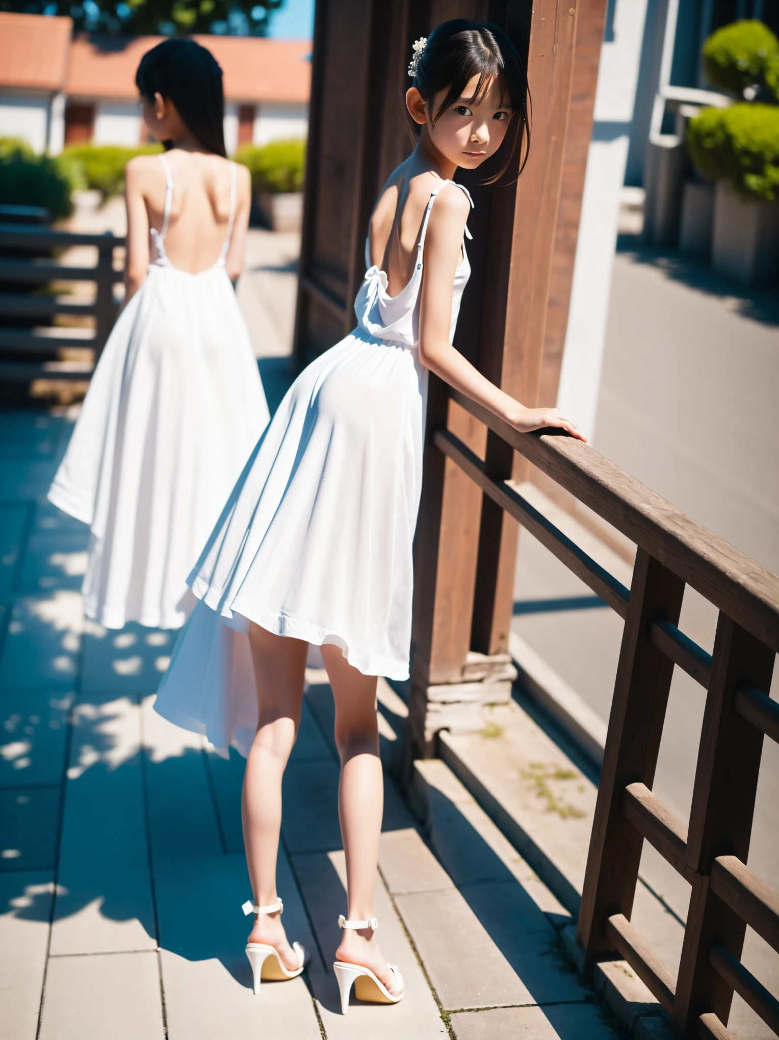 ((Full body:1.2,Voyeur from the side:1.2,from a distance:1.2)),1 Japanese girl,(Very beautiful 10 year old girl:1.4),(arms behind back:1.9),A princess in a See-through pure white dress:1.2,slim body shape,Large Breasts,Pure white high heels,Anguished expression,Gaze forward,from below,realistic,best quality,ultra-detailed,high resolution
