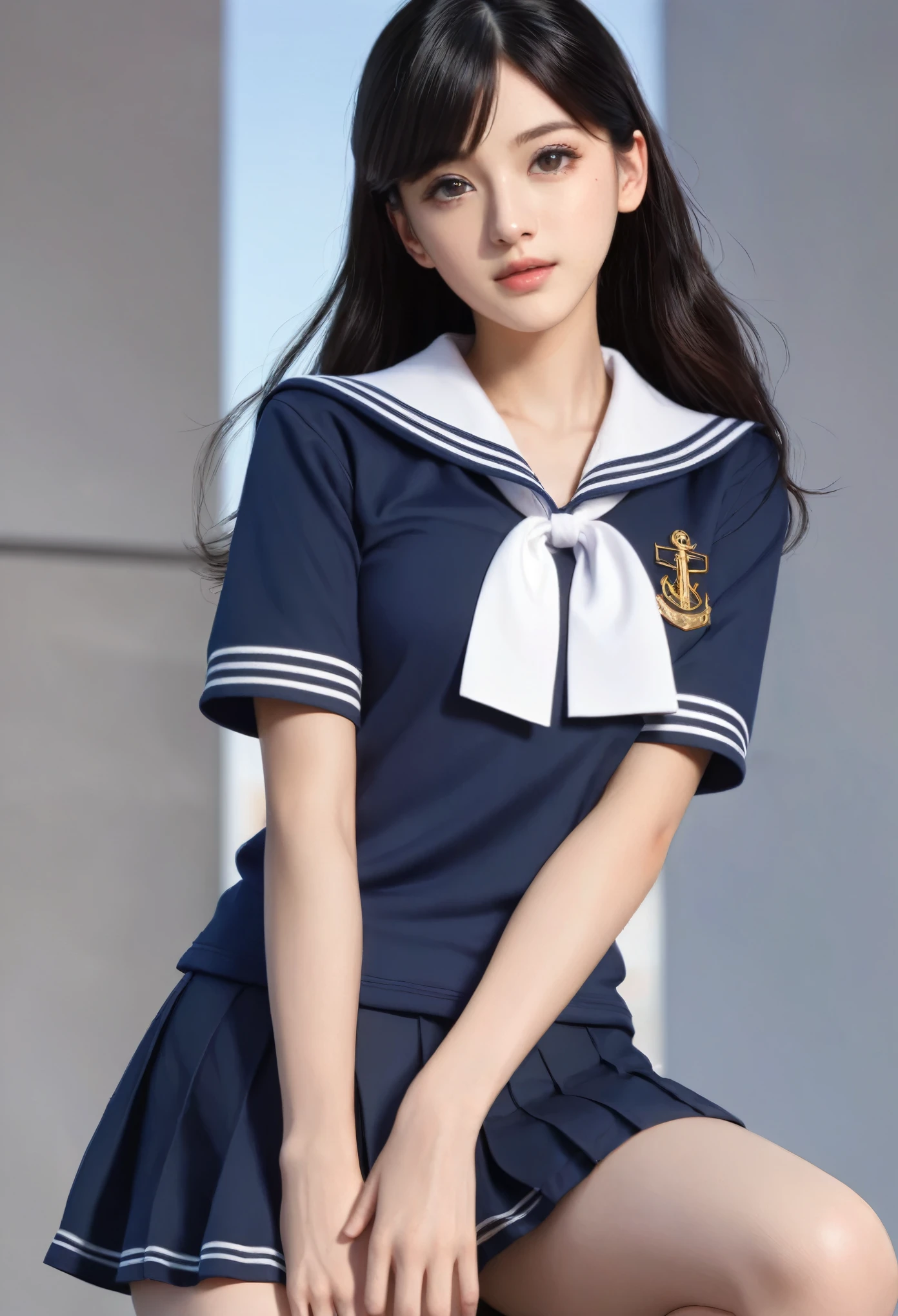 Cute  Girls, Height: about 160cm, Brown eyes, Wearing a high ,Wear a sailor uniform、 Random black hair, masterpiece, 最high quality, 超high quality, high quality, High resolution, ultla High resolution, Disorganized, 4K, 8K, 16K, Very detailed, Complex, Great shading, High Contrast, Realistic, photo Realistic, RAW Photos, photo shoot, Super detailed illustrations, shortening, Perfect Anatomy, Correct Anatomy, Perfect proportions, Perfect Face, Perfect hands, Perfect Legs, Perfect Fingers