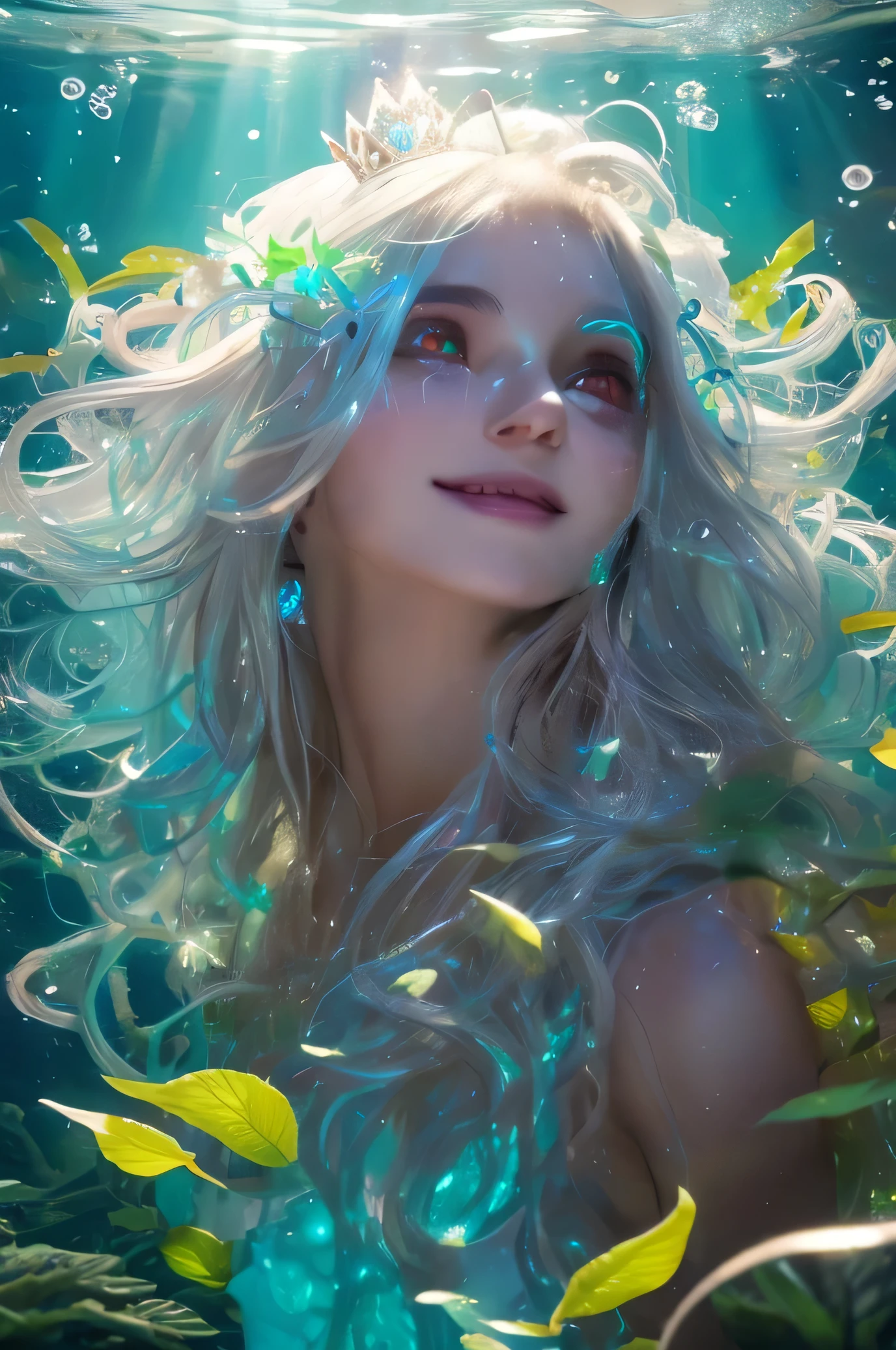 A human female with axolotl features, translucent gills, wide eyes, and a gentle smile, long flowing dreadlocks with accessories glowing in rainbow light, surrounded by swirling CBD leaves in an inverted dream core dreamscape, wearing a delicate silver crown adorned with crystals. Sfw. U underwater, great lighting, 8k, ultra detailed, hd. Realistic