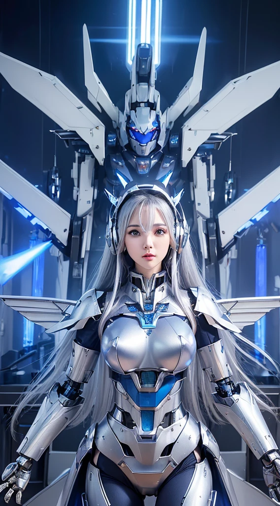 ((Intense action pose:1.6))、((Shining lenses on both breasts:1.3))、((Blue pillars of light are emanating from both chests.:1.3))、smile、((8K)), ((32k)), ((Highest quality)), ((masterpiece)), ((超A high resolution)), ((Tmasterpiece)), ((Halation:1.4))、((Mechaニカルheadgear:1.2))、((Cyber headphones:1.3))、Fine skin, High quality fabric, Fine metal texture、((Beautiful and dense face))、RAW Photos、Professional, Ultra-fine painting, ((alone)), Beautiful breasts、Highest quality, Very detailed, Very detailed詳細, Finer details, so beautiful, ((Princess Knight Robot:1.2)), (Joints of machines, Mechanical Limbs:1.3), (The internal structure of the machine is exposed:1.3), (Long silver hair:1.1), (Beautiful and huge mechanical breasts)、White Veil, cowboy_shot, Side Focus, headgear, Shiny、(Five Fingers, Four fingers and thumb),Concept Art, Anime fantasy artwork, Detailed fantasy art, (with pale blue-violet hair and large white wings,,,,,,,), (((Long silver hair))), (Mecha:1.6)、Sleek and intimidating design, ((Commander-in-Chief'arm)), (Perfect robot body)、純白と青紫armまたは, Symmetrical wings, 8K high quality, detailed art, 3D rendering of character art in 8K, neat legs, Defined, Defined fingers,