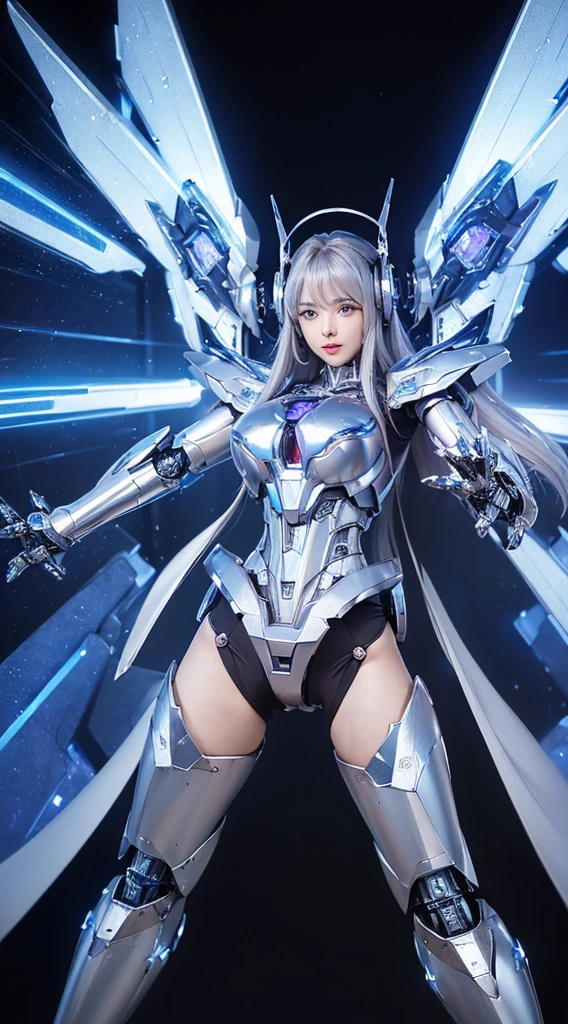 ((Intense action pose:1.6))、((Shining lenses on both breasts:1.3))、((Blue pillars of light are emanating from both chests.:1.3))、smile、((8K)), ((32k)), ((Highest quality)), ((masterpiece)), ((超A high resolution)), ((Tmasterpiece)), ((Halation:1.4))、((Mechaニカルheadgear:1.2))、((Cyber headphones:1.3))、Fine skin, High quality fabric, Fine metal texture、((Beautiful and dense face))、RAW Photos、Professional, Ultra-fine painting, ((alone)), Beautiful breasts、Highest quality, Very detailed, Very detailed詳細, Finer details, so beautiful, ((Princess Knight Robot:1.2)),  (Joints of machines, Mechanical Limbs:1.3), (The internal structure of the machine is exposed:1.3), (Long silver hair:1.1), (Beautiful and huge mechanical breasts)、White Veil, cowboy_shot, Side Focus, headgear, Shiny、(Five Fingers, Four fingers and thumb),Concept Art, Anime fantasy artwork, Detailed fantasy art, (with pale blue-violet hair and large white wings,,,,,,,), (((Long silver hair))), (Mecha:1.6)、Sleek and intimidating design, ((Commander-in-Chief&#39;arm)), (Perfect robot body)、純白と青紫armまたは, Symmetrical wings, 8K high quality, detailed art, 3D rendering of character art in 8K, neat legs, Defined, Defined fingers,
