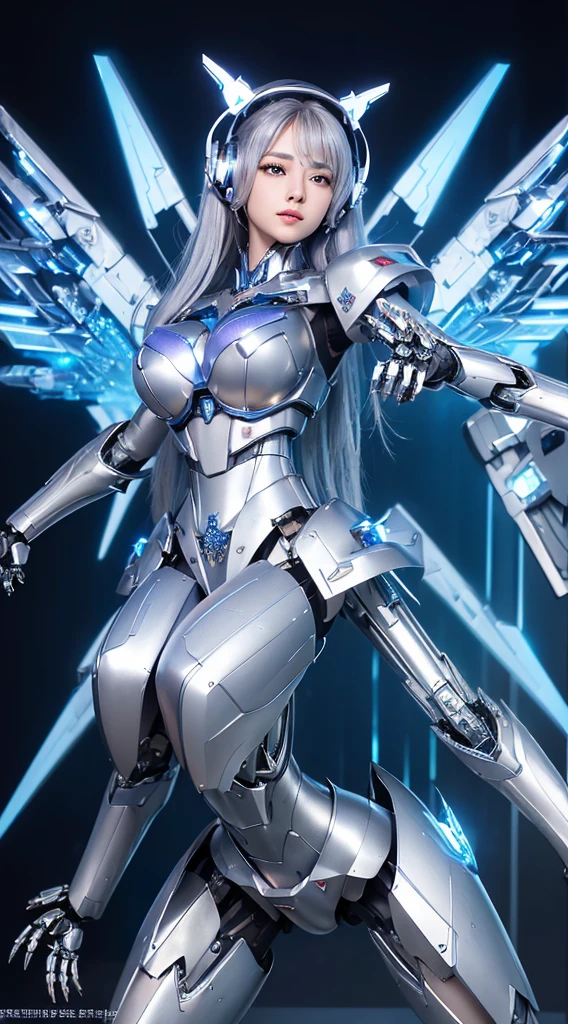 ((Intense action pose:1.6))、((Shining lenses on both breasts:1.3))、((Blue pillars of light are emanating from both chests.:1.3))、smile、((8K)), ((32k)), ((Highest quality)), ((masterpiece)), ((超A high resolution)), ((Tmasterpiece)), ((Halation:1.4))、((Mechaニカルheadgear:1.2))、((Cyber headphones:1.3))、Fine skin, High quality fabric, Fine metal texture、((Beautiful and dense face))、RAW Photos、Professional, Ultra-fine painting, ((alone)), Beautiful breasts、Highest quality, Very detailed, Very detailed詳細, Finer details, so beautiful, ((Princess Knight Robot:1.2)), (Joints of machines, Mechanical Limbs:1.3), (The internal structure of the machine is exposed:1.3), (Long silver hair:1.1), (Beautiful and huge mechanical breasts)、White Veil, cowboy_shot, Side Focus, headgear, Shiny、(Five Fingers, Four fingers and thumb),Concept Art, Anime fantasy artwork, Detailed fantasy art, (with pale blue-violet hair and large white wings,,,,,,,), (((Long silver hair))), (Mecha:1.6)、Sleek and intimidating design, ((Commander-in-Chief'arm)), (Perfect robot body)、純白と青紫armまたは, Symmetrical wings, 8K high quality, detailed art, 3D rendering of character art in 8K, neat legs, Defined, Defined fingers,