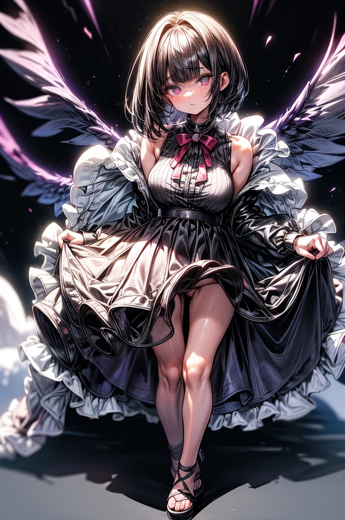 beautiful young anime girl, s old, oval face, slender and toned hourglass body shape, sharp and noble facial features, arrogant and disdainful expression, classy opulent bedroom, sleeveless gothic white ruffled blouse, gothic pleated A-line mini-skirt flaring out behind her, tanned white skin, plump cherry pink lips, thin eyebrows, big round violet-colored eyes, sleek short sleek dark-violet hair with American Pixie cut and small bangs covering her forehead, narrow waist, small wide curvy hips protruding to large perky round ass, sandals, modest C-cup breast size, tall 175cm, full body image, standing straight, looking at camera, hip level shot, huge European castle background, best quality