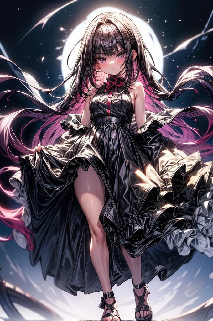 beautiful young anime girl, 16 years old, oval face, slender and toned hourglass body shape, sharp and noble facial features, arrogant and disdainful expression, classy opulent bedroom, sleeveless gothic white ruffled blouse, gothic pleated A-line mini-skirt flaring out behind her, tanned white skin, plump cherry pink lips, thin eyebrows, big round violet-colored eyes, sleek short sleek dark-violet hair with American Pixie cut and small bangs covering her forehead, narrow waist, small wide curvy hips protruding to large perky round ass, sandals, modest C-cup breast size, tall 175cm, full body image, standing straight, looking at camera, hip level shot, huge European castle background, best quality