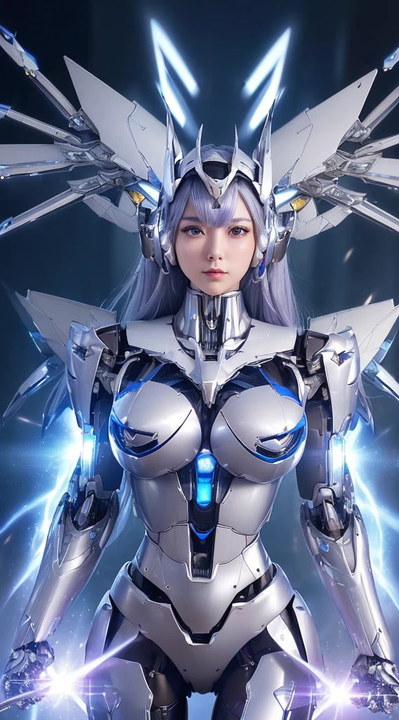 ((Intense action pose:1.6))、((Shining lenses on both breasts:1.3))、((A blue pillar of light is emitted from the lens.:1.3))、smile、((8K)), ((32k)), ((Highest quality)), ((masterpiece)), ((超A high resolution)), ((Tmasterpiece)), ((Halation:1.4))、((Mechaニカルheadgear:1.2))、((Cyber headphones:1.3))、Fine skin, High quality fabric, Fine metal texture、((Beautiful and dense face))、RAW Photos、Professional, Ultra-fine painting, ((alone)), Beautiful breasts、Highest quality, Very detailed, Very detailed詳細, Finer details, so beautiful, ((Princess Knight Robot:1.2)), (Joints of machines, Mechanical Limbs:1.3), (The internal structure of the machine is exposed:1.3), (Long silver hair:1.1), (Beautiful and huge mechanical breasts)、White Veil, cowboy_shot, Side Focus, headgear, Shiny、(Five Fingers, Four fingers and thumb),Concept Art, Anime fantasy artwork, Detailed fantasy art, (with pale blue-violet hair and large white wings,,,,,,,), (((Long silver hair))), (Mecha:1.6)、Sleek and intimidating design, ((Commander-in-Chief'arm)), (Perfect robot body)、純白と青紫armまたは, Symmetrical wings, 8K high quality, detailed art, 3D rendering of character art in 8K, neat legs, Defined, Defined fingers,