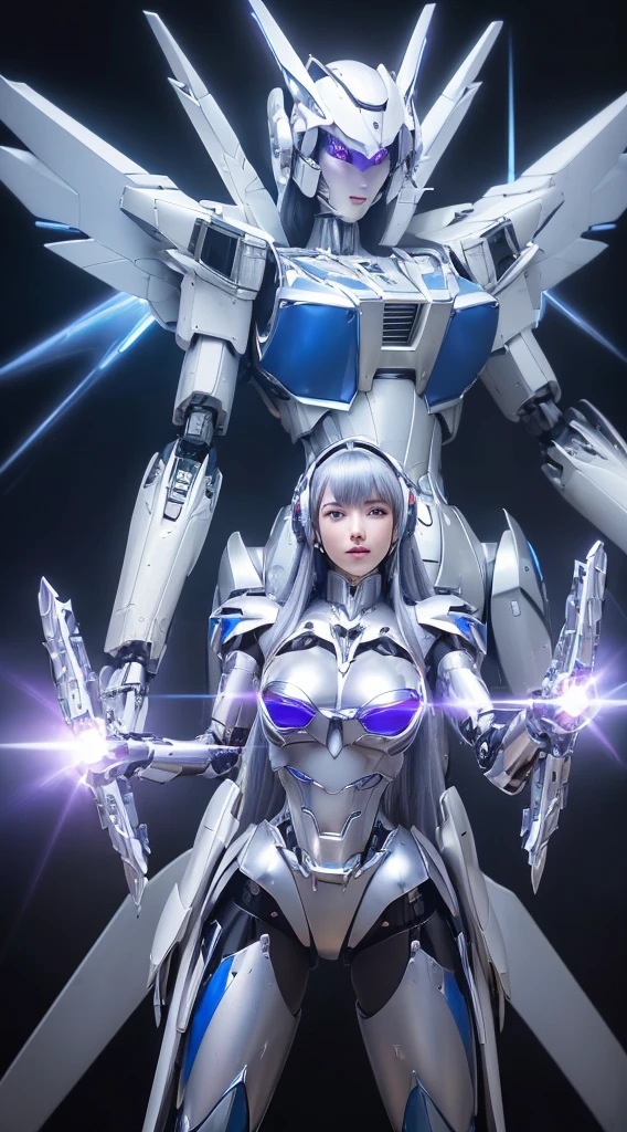 ((Intense action pose:1.6))、((Shining lenses on both breasts:1.3))、((A blue pillar of light is emitted from the lens.:1.3))、smile、((8K)), ((32k)), ((Highest quality)), ((masterpiece)), ((超A high resolution)), ((Tmasterpiece)), ((Halation:1.4))、((Mechaニカルheadgear:1.2))、((Cyber headphones:1.3))、Fine skin, High quality fabric, Fine metal texture、((Beautiful and dense face))、RAW Photos、Professional, Ultra-fine painting, ((alone)), Beautiful breasts、Highest quality, Very detailed, Very detailed詳細, Finer details, so beautiful, ((Princess Knight Robot:1.2)), (Joints of machines, Mechanical Limbs:1.3), (The internal structure of the machine is exposed:1.3), (Long silver hair:1.1), (Beautiful and huge mechanical breasts)、White Veil, cowboy_shot, Side Focus, headgear, Shiny、(Five Fingers, Four fingers and thumb),Concept Art, Anime fantasy artwork, Detailed fantasy art, (with pale blue-violet hair and large white wings,,,,,,,), (((Long silver hair))), (Mecha:1.6)、Sleek and intimidating design, ((Commander-in-Chief'arm)), (Perfect robot body)、純白と青紫armまたは, Symmetrical wings, 8K high quality, detailed art, 3D rendering of character art in 8K, neat legs, Defined, Defined fingers,