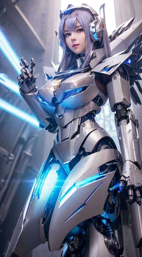 ((Intense action pose:1.6))、((Shining lenses on both breasts:1.3))、((A blue pillar of light is emitted from the lens.:1.3))、smile、((8K)), ((32k)), ((Highest quality)), ((masterpiece)), ((超A high resolution)), ((Tmasterpiece)), ((Halation:1.4))、((Mechaニカルheadgear:1.2))、((Cyber headphones:1.3))、Fine skin, High quality fabric, Fine metal texture、((Beautiful and dense face))、RAW Photos、Professional, Ultra-fine painting, ((alone)), Beautiful breasts、Highest quality, Very detailed, Very detailed詳細, Finer details, so beautiful, ((Princess Knight Robot:1.2)), (Joints of machines, Mechanical Limbs:1.3), (The internal structure of the machine is exposed:1.3), (Long silver hair:1.1), (Beautiful and huge mechanical breasts)、White Veil, cowboy_shot, Side Focus, headgear, Shiny、(Five Fingers, Four fingers and thumb),Concept Art, Anime fantasy artwork, Detailed fantasy art, (with pale blue-violet hair and large white wings,,,,,,,), (((Long silver hair))), (Mecha:1.6)、Sleek and intimidating design, ((Commander-in-Chief'arm)), (Perfect robot body)、純白と青紫armまたは, Symmetrical wings, 8K high quality, detailed art, 3D rendering of character art in 8K, neat legs, Defined, Defined fingers,