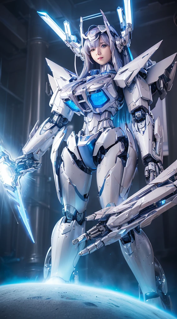 ((Intense action pose:1.6))、((Shining lenses on both breasts:1.3))、((A blue pillar of light is emitted from the lens.:1.3))、smile、((8K)), ((32k)), ((Highest quality)), ((masterpiece)), ((超A high resolution)), ((Tmasterpiece)), ((Halation:1.4))、((Mechaニカルheadgear:1.2))、((Cyber headphones:1.3))、Fine skin, High quality fabric, Fine metal texture、((Beautiful and dense face))、RAW Photos、Professional, Ultra-fine painting, ((alone)), Beautiful breasts、Highest quality, Very detailed, Very detailed詳細, Finer details, so beautiful, ((Princess Knight Robot:1.2)), (Joints of machines, Mechanical Limbs:1.3), (The internal structure of the machine is exposed:1.3), (Long silver hair:1.1), (Beautiful and huge mechanical breasts)、White Veil, cowboy_shot, Side Focus, headgear, Shiny、(Five Fingers, Four fingers and thumb),Concept Art, Anime fantasy artwork, Detailed fantasy art, (with pale blue-violet hair and large white wings,,,,,,,), (((Long silver hair))), (Mecha:1.6)、Sleek and intimidating design, ((Commander-in-Chief'arm)), (Perfect robot body)、純白と青紫armまたは, Symmetrical wings, 8K high quality, detailed art, 3D rendering of character art in 8K, neat legs, Defined, Defined fingers,