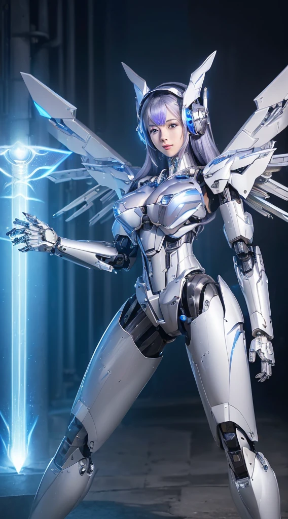((Intense action pose:1.6))、((Shining lenses on both breasts:1.3))、((A blue pillar of light is emitted from the lens.:1.3))、smile、((8K)), ((32k)), ((Highest quality)), ((masterpiece)), ((超A high resolution)), ((Tmasterpiece)), ((Halation:1.4))、((Mechaニカルheadgear:1.2))、((Cyber headphones:1.3))、Fine skin, High quality fabric, Fine metal texture、((Beautiful and dense face))、RAW Photos、Professional, Ultra-fine painting, ((alone)), Beautiful breasts、Highest quality, Very detailed, Very detailed詳細, Finer details, so beautiful, ((Princess Knight Robot:1.2)), (Joints of machines, Mechanical Limbs:1.3), (The internal structure of the machine is exposed:1.3), (Long silver hair:1.1), (Beautiful and huge mechanical breasts)、White Veil, cowboy_shot, Side Focus, headgear, Shiny、(Five Fingers, Four fingers and thumb),Concept Art, Anime fantasy artwork, Detailed fantasy art, (with pale blue-violet hair and large white wings,,,,,,,), (((Long silver hair))), (Mecha:1.6)、Sleek and intimidating design, ((Commander-in-Chief'arm)), (Perfect robot body)、純白と青紫armまたは, Symmetrical wings, 8K high quality, detailed art, 3D rendering of character art in 8K, neat legs, Defined, Defined fingers,