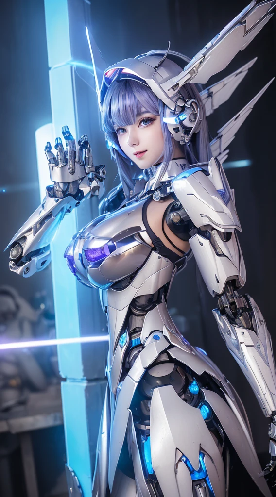 ((Intense action pose:1.6))、((Shining lenses on both breasts:1.3))、((A blue pillar of light is emitted from the lens.:1.3))、smile、((8K)), ((32k)), ((Highest quality)), ((masterpiece)), ((超A high resolution)), ((Tmasterpiece)), ((Halation:1.4))、((Mechaニカルheadgear:1.2))、((Cyber headphones:1.3))、Fine skin, High quality fabric, Fine metal texture、((Beautiful and dense face))、RAW Photos、Professional, Ultra-fine painting, ((alone)), Beautiful breasts、Highest quality, Very detailed, Very detailed詳細, Finer details, so beautiful, ((Princess Knight Robot:1.2)),  (Joints of machines, Mechanical Limbs:1.3), (The internal structure of the machine is exposed:1.3), (Long silver hair:1.1), (Beautiful and huge mechanical breasts)、White Veil, cowboy_shot, Side Focus, headgear, Shiny、(Five Fingers, Four fingers and thumb),Concept Art, Anime fantasy artwork, Detailed fantasy art, (with pale blue-violet hair and large white wings,,,,,,,), (((Long silver hair))), (Mecha:1.6)、Sleek and intimidating design, ((Commander-in-Chief&#39;arm)), (Perfect robot body)、純白と青紫armまたは, Symmetrical wings, 8K high quality, detailed art, 3D rendering of character art in 8K, neat legs, Defined, Defined fingers,
