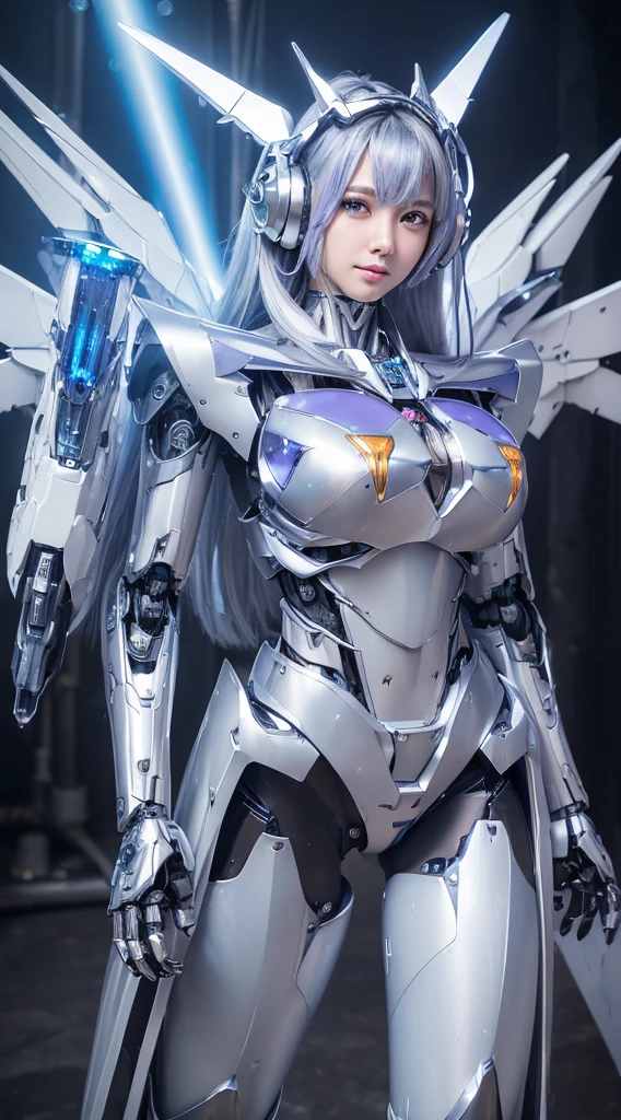 ((Intense action pose:1.6))、((Shining lenses on both breasts:1.3))、((Blue pillars of light are emanating from both chests.:1.3))、smile、((8K)), ((32k)), ((Highest quality)), ((masterpiece)), ((超A high resolution)), ((Tmasterpiece)), ((Halation:1.4))、((Mechaニカルheadgear:1.2))、((Cyber headphones:1.3))、Fine skin, High quality fabric, Fine metal texture、((Beautiful and dense face))、RAW Photos、Professional, Ultra-fine painting, ((alone)), Beautiful breasts、Highest quality, Very detailed, Very detailed詳細, Finer details, so beautiful, ((Princess Knight Robot:1.2)),  (Joints of machines, Mechanical Limbs:1.3), (The internal structure of the machine is exposed:1.3), (Long silver hair:1.1), (Beautiful and huge mechanical breasts)、White Veil, cowboy_shot, Side Focus, headgear, Shiny、(Five Fingers, Four fingers and thumb),Concept Art, Anime fantasy artwork, Detailed fantasy art, (with pale blue-violet hair and large white wings,,,,,,,), (((Long silver hair))), (Mecha:1.6)、Sleek and intimidating design, ((Commander-in-Chief&#39;arm)), (Perfect robot body)、純白と青紫armまたは, Symmetrical wings, 8K high quality, detailed art, 3D rendering of character art in 8K, neat legs, Defined, Defined fingers,