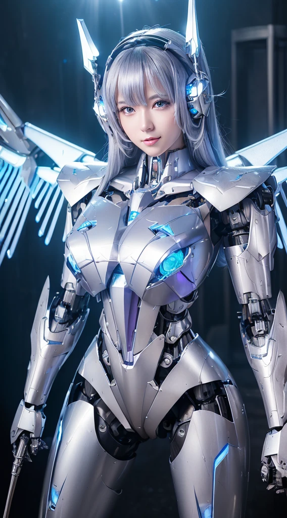 ((Intense action pose:1.6))、((Shining lenses on both breasts:1.3))、((Blue pillars of light are emanating from both chests.:1.3))、smile、((8K)), ((32k)), ((Highest quality)), ((masterpiece)), ((超A high resolution)), ((Tmasterpiece)), ((Halation:1.4))、((Mechaニカルheadgear:1.2))、((Cyber headphones:1.3))、Fine skin, High quality fabric, Fine metal texture、((Beautiful and dense face))、RAW Photos、Professional, Ultra-fine painting, ((alone)), Beautiful breasts、Highest quality, Very detailed, Very detailed詳細, Finer details, so beautiful, ((Princess Knight Robot:1.2)),  (Joints of machines, Mechanical Limbs:1.3), (The internal structure of the machine is exposed:1.3), (Long silver hair:1.1), (Beautiful and huge mechanical breasts)、White Veil, cowboy_shot, Side Focus, headgear, Shiny、(Five Fingers, Four fingers and thumb),Concept Art, Anime fantasy artwork, Detailed fantasy art, (with pale blue-violet hair and large white wings,,,,,,,), (((Long silver hair))), (Mecha:1.6)、Sleek and intimidating design, ((Commander-in-Chief&#39;arm)), (Perfect robot body)、純白と青紫armまたは, Symmetrical wings, 8K high quality, detailed art, 3D rendering of character art in 8K, neat legs, Defined, Defined fingers,