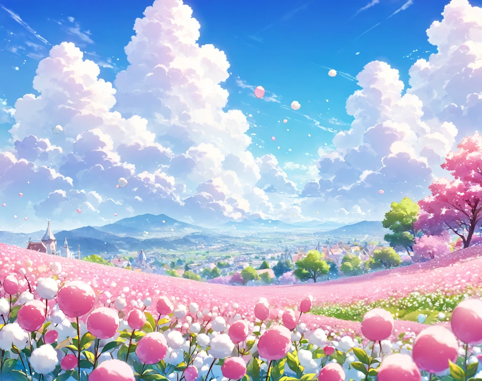 kawaii, outdoors, sky, day, cloud, blue sky, no humans, cloudy sky, scenery, cotton candy colors, pastel colors, majestic,
