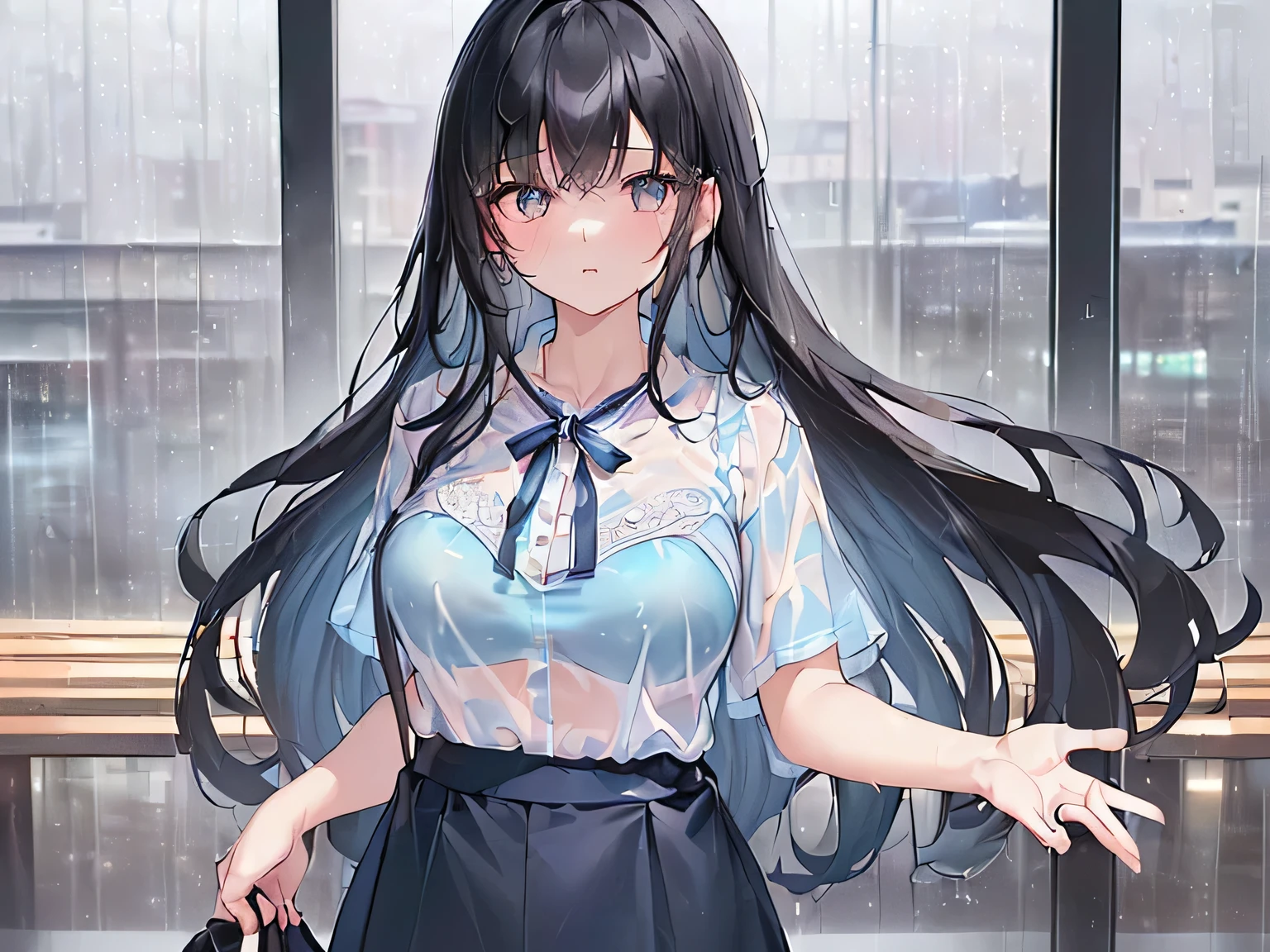 (masterpiece、Highest quality、High resolution、Realistic photo、Real looking skin:1.1)、 
(The woman&#39;s clothes are wet and transparent from the rain.、I can see the light blue bra:1.8)、
(Please provide a close-up of the upper body.:1.8)、
(standing:1.5)、 
(Confused expression:1.5)、 
(She is wearing a white short-sleeved blouse that is worn with casual clothes.:1.8)、 
(She is wearing a long blue skirt:1.5)、
(I wear pumps on my bare feet:1.5)、 
(The bra is light blue:1.8)、 
(I have long black hair:1.5)、 
(She is 25 years old:1.5)、 
(She is good-looking enough to be a receptionist.:1.5)、 
(The location was a pedestrian deck in a rainy downtown area.:1.5)、 
1 Japanese Girl、solo、Full Body Esbian、Beautiful Eyes、Shining Eyes、Shining thighs、NSFW