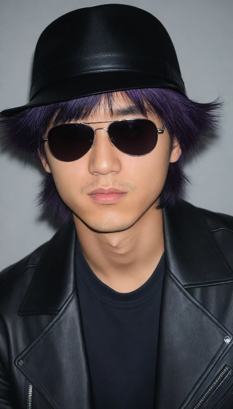 very dark purple hair, bangs, hair between eyes, sidelocks, straight hair, hair over eyes, sunglasses, bandage on, bandage over one eye, 8k, super detail, ccurate, best quality, UHD, masterpiece, anatomically correct, super detail, high details, high quality, best quality, black fedoras hat, 1man, perfect face, best quality ,masterpiece, illustration, extremely detailed ,CG ,unity ,8k wallpaper, Amazing, finely detail, masterpiece,best quality,official art,extremely detailed CG unity 8k wallpaper,absurdres, incredibly absurdres, huge filesize, ultra-detailed, highres, extremely detailed, fedoras hat with sunglasses, wearing sunglasses and a hat, black leather jacket, black fedoras hat, messy hair, japanese boy, japan young man, 18yo, 18 years old, age 18, japanese man, a young japanese man in a black leather jacket with dark sunglasses and a black fedora hat with some of very dark purple hair