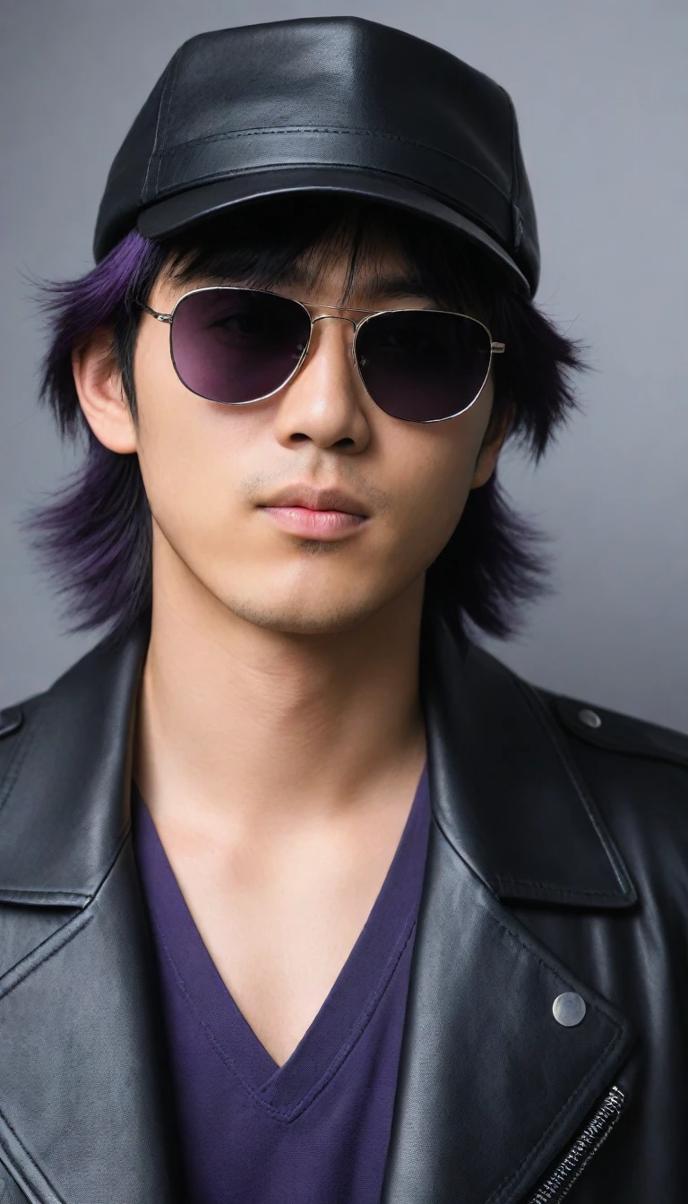 very dark purple hair, bangs, hair between eyes, sidelocks, straight hair, hair over eyes, sunglasses, bandage on, bandage over one eye, 8k, super detail, ccurate, best quality, UHD, masterpiece, anatomically correct, super detail, high details, high quality, best quality, black fedoras hat, 1man, perfect face, best quality ,masterpiece, illustration, extremely detailed ,CG ,unity ,8k wallpaper, Amazing, finely detail, masterpiece,best quality,official art,extremely detailed CG unity 8k wallpaper,absurdres, incredibly absurdres, huge filesize, ultra-detailed, highres, extremely detailed, fedoras hat with sunglasses, wearing sunglasses and a hat, black leather jacket, black fedoras hat, messy hair, japanese boy, japan young man, 18yo, 18 years old, age 18, japanese man, a young japanese man in a black leather jacket with dark sunglasses and a black fedora hat with some of very dark purple hair