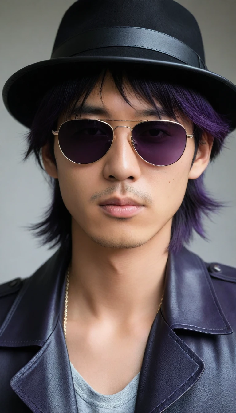 very dark purple hair, bangs, hair between eyes, sidelocks, straight hair, hair over eyes, sunglasses, bandage on, bandage over one eye, 8k, super detail, ccurate, best quality, UHD, masterpiece, anatomically correct, super detail, high details, high quality, best quality, black fedoras hat, 1man, perfect face, best quality ,masterpiece, illustration, extremely detailed ,CG ,unity ,8k wallpaper, Amazing, finely detail, masterpiece,best quality,official art,extremely detailed CG unity 8k wallpaper,absurdres, incredibly absurdres, huge filesize, ultra-detailed, highres, extremely detailed, fedoras hat with sunglasses, wearing sunglasses and a hat, black leather jacket, black fedoras hat, messy hair, japanese boy, japan young man, 18yo, 18 years old, age 18, japanese man, a young japanese man in a black leather jacket with dark sunglasses and a black fedora hat with some of very dark purple hair