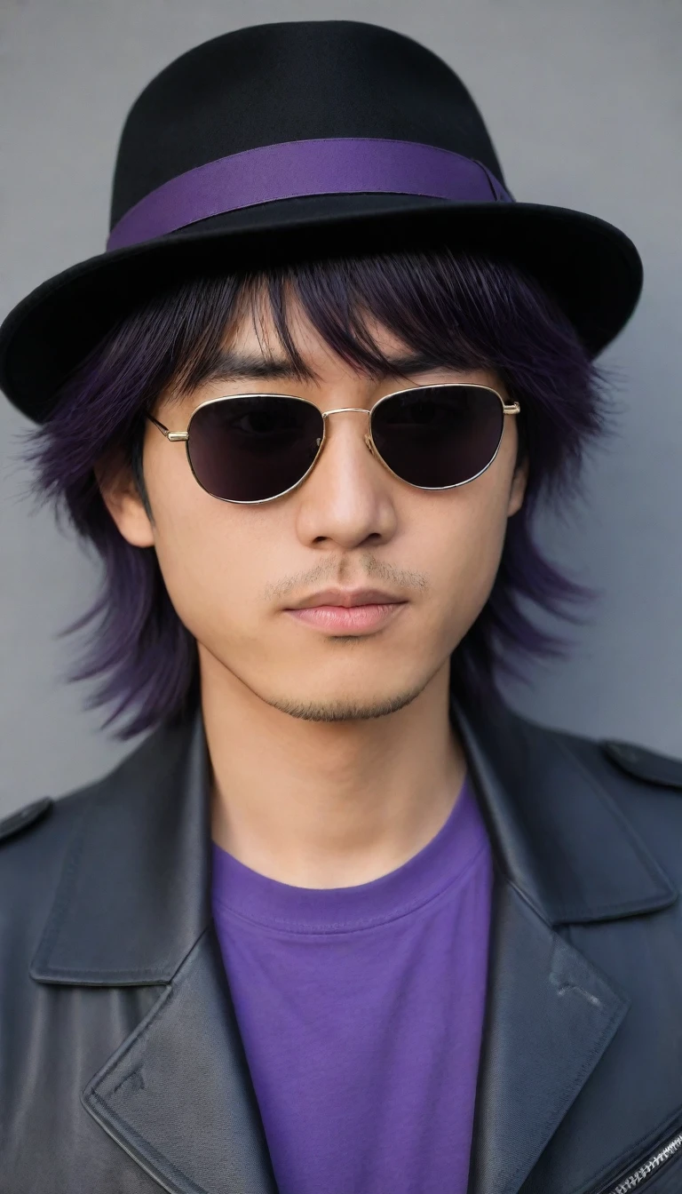 very dark purple hair, bangs, hair between eyes, sidelocks, straight hair, hair over eyes, sunglasses, bandage on, bandage over one eye, 8k, super detail, ccurate, best quality, UHD, masterpiece, anatomically correct, super detail, high details, high quality, best quality, black fedoras hat, 1man, perfect face, best quality ,masterpiece, illustration, extremely detailed ,CG ,unity ,8k wallpaper, Amazing, finely detail, masterpiece,best quality,official art,extremely detailed CG unity 8k wallpaper,absurdres, incredibly absurdres, huge filesize, ultra-detailed, highres, extremely detailed, fedoras hat with sunglasses, wearing sunglasses and a hat, black leather jacket, black fedoras hat, messy hair, japanese boy, japan young man, 18yo, 18 years old, age 18, japanese man, a young japanese man in a black leather jacket with dark sunglasses and a black fedora hat with some of very dark purple hair