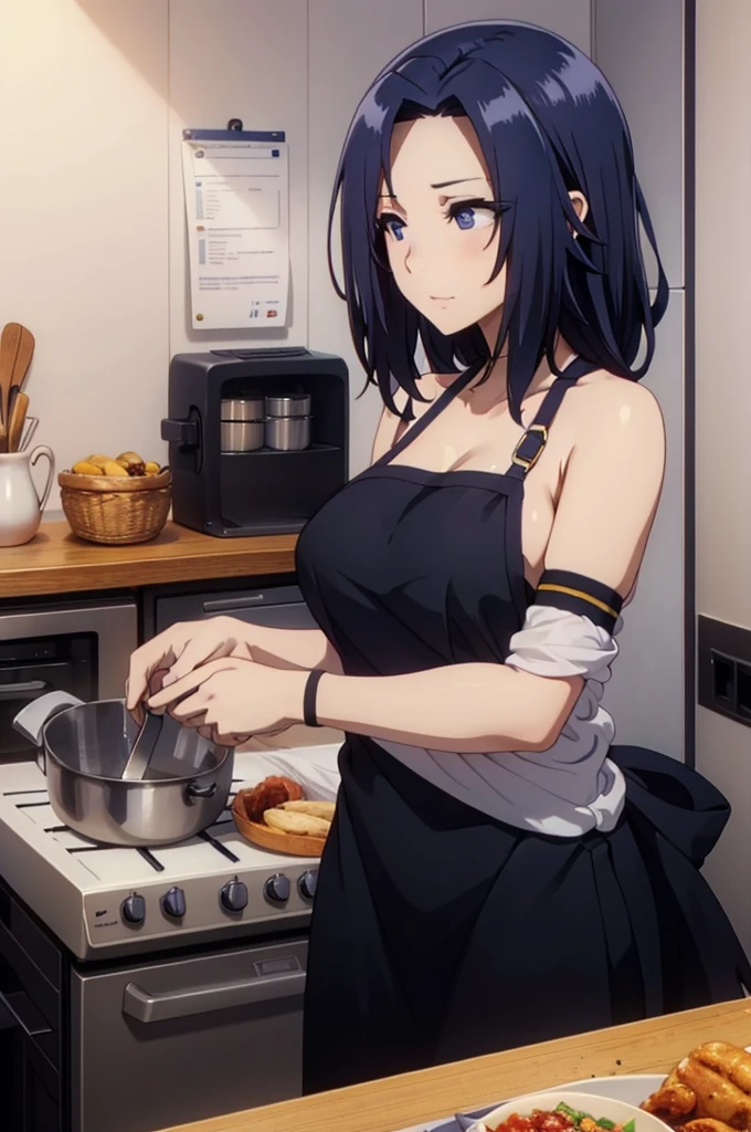 Perfect anatomy, (extremely detailed:1.0), absurdres,// naked apron, 1girl , sexy,breasts_squeezed_together, breasts squeezed together, 0.8v arms, Large breasts, breasts,, collarbone, Slender,// modern kitchen, Pots and pans, Cutting board, Chef's knife, food, , from side, High quality shadow, High quality light rays, Depth Of Field, Medium Full shot,blue eyes,blue hair,