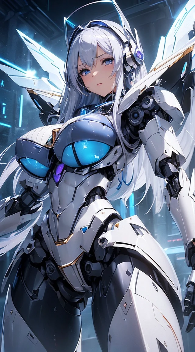 ((Intense action pose:1.6))、((Shining lenses on both breasts:1.3))、((Blue pillars of light are emanating from both chests.:1.3))、smile、((8K)), ((32k)), ((Highest quality)), ((masterpiece)), ((超A high resolution)), ((Tmasterpiece)), ((Halation:1.4))、((Mechaニカルheadgear:1.2))、((Cyber headphones:1.3))、Fine skin, High quality fabric, Fine metal texture、((Beautiful and dense face))、RAW Photos、Professional, Ultra-fine painting, ((alone)), Beautiful breasts、Highest quality, Very detailed, Very detailed詳細, Finer details, so beautiful, ((Princess Knight Robot:1.2)), (Joints of machines, Mechanical Limbs:1.3), (The internal structure of the machine is exposed:1.3), (Long silver hair:1.1), (Beautiful and huge mechanical breasts)、White Veil, cowboy_shot, Side Focus, headgear, Shiny、(Five Fingers, Four fingers and thumb),Concept Art, Anime fantasy artwork, Detailed fantasy art, (with pale blue-violet hair and large white wings,,,,,,,), (((Long silver hair))), (Mecha:1.6)、Sleek and intimidating design, ((Commander-in-Chief'arm)), (Perfect robot body)、純白と青紫armまたは, Symmetrical wings, 8K high quality, detailed art, 3D rendering of character art in 8K, neat legs, Defined, Defined fingers,