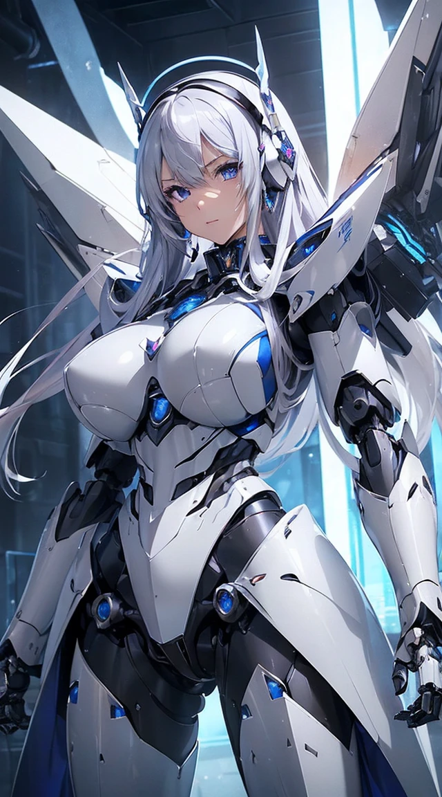 ((Intense action pose:1.6))、((Shining lenses on both breasts:1.3))、((Blue pillars of light are emanating from both chests.:1.3))、smile、((8K)), ((32k)), ((Highest quality)), ((masterpiece)), ((超A high resolution)), ((Tmasterpiece)), ((Halation:1.4))、((Mechaニカルheadgear:1.2))、((Cyber headphones:1.3))、Fine skin, High quality fabric, Fine metal texture、((Beautiful and dense face))、RAW Photos、Professional, Ultra-fine painting, ((alone)), Beautiful breasts、Highest quality, Very detailed, Very detailed詳細, Finer details, so beautiful, ((Princess Knight Robot:1.2)),  (Joints of machines, Mechanical Limbs:1.3), (The internal structure of the machine is exposed:1.3), (Long silver hair:1.1), (Beautiful and huge mechanical breasts)、White Veil, cowboy_shot, Side Focus, headgear, Shiny、(Five Fingers, Four fingers and thumb),Concept Art, Anime fantasy artwork, Detailed fantasy art, (with pale blue-violet hair and large white wings,,,,,,,), (((Long silver hair))), (Mecha:1.6)、Sleek and intimidating design, ((Commander-in-Chief&#39;arm)), (Perfect robot body)、純白と青紫armまたは, Symmetrical wings, 8K high quality, detailed art, 3D rendering of character art in 8K, neat legs, Defined, Defined fingers,
