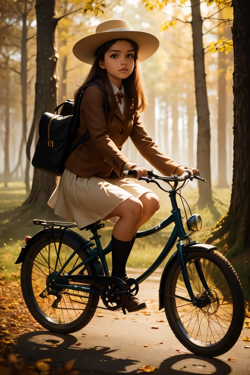 Neo Surrealism, magical realism bizarre art, pop surrealism, whimsical art. Generate an illustration of a painting of a girl with hat riding an old fashioned bicycle on the magic forest