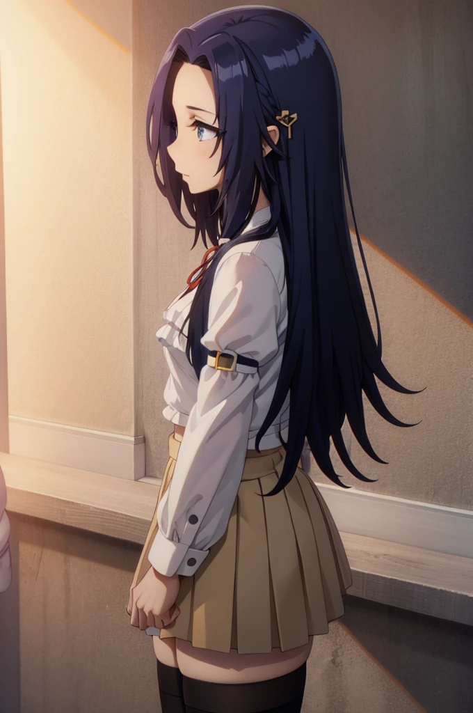 shirt, long sleeves, ribbon, closed mouth, , white shirt, pleated skirt, frills, puffy sleeves, brown skirt, black thighhighs, red ribbon, neck ribbon,blue eyes,blue hair,
