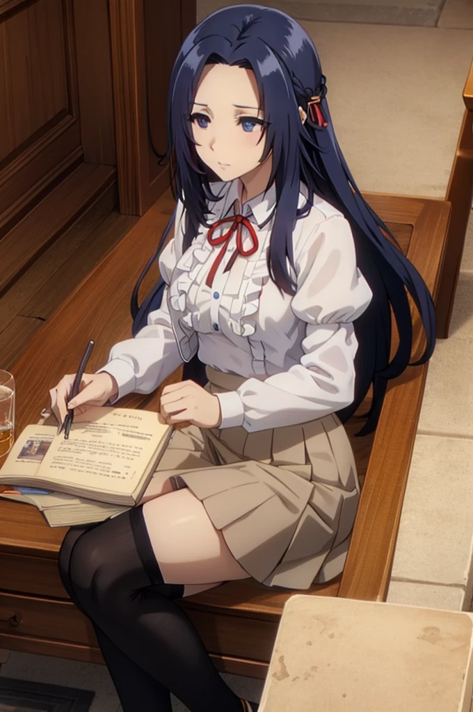 shirt, long sleeves, ribbon, closed mouth, , white shirt, pleated skirt, frills, puffy sleeves, brown skirt, black thighhighs, red ribbon, neck ribbon,blue eyes,blue hair,
