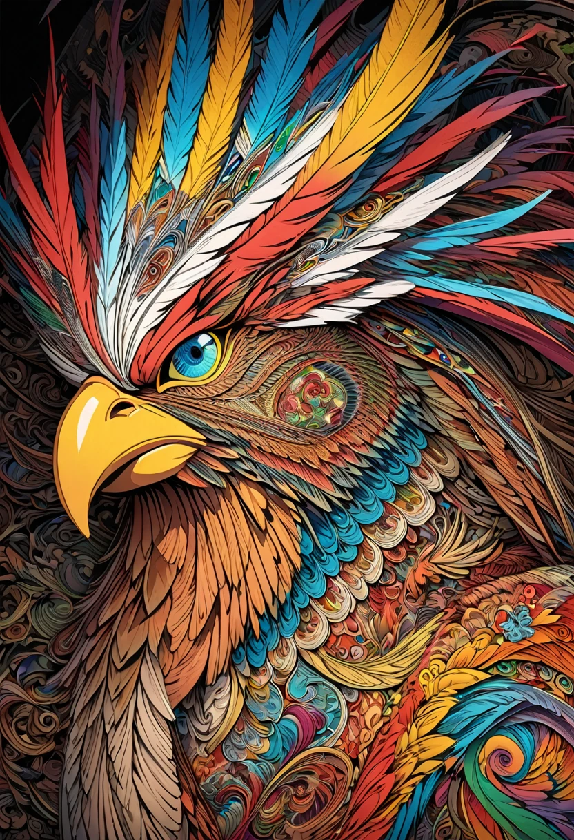 a close up of a gallo with a red head and a yellow beak, the king of gallo, intricate detailed illustration, detailed intricate illustration, very complex and colorful, Ornate and hyper-detailed, intricate illustration, intricate and detailed digital art, illustration of a gallo, gallo, super detailed color art, ultra detailed color art, Highly detailed 4k art., very intricate details