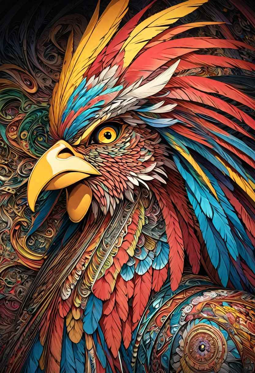 a close up of a gallo with a red head and a yellow beak, the king of gallo, intricate detailed illustration, detailed intricate illustration, very complex and colorful, Ornate and hyper-detailed, intricate illustration, intricate and detailed digital art, illustration of a gallo, gallo, super detailed color art, ultra detailed color art, Highly detailed 4k art., very intricate details