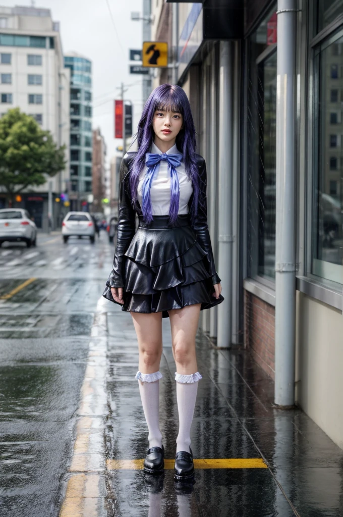 (masterpiece),best quality, frederica bernkastel,dress,  tail bow, cat tail, bowtie, purple eyes, purple hair,mary janes,  socks,  blank eyes, empty eyes,  (raining day:1.2), cloud, street, sidewalk, wet clothes, photorealistic, ((16k photography)), detailed face, ((Best Quality, Masterpiece: 1.3)), Sharp Focus: 1.2, A Beautiful Woman with Perfect Figure: 1.4, Slim Abs: 1.2, (Layered Hairstyle,: 1.2)), Rain: 1.3, Street: 1.2, Wet Body: 1.1, Highly Detailed Face and Skin Texture, Detailed Eyes, Double Eyelids, Big Breasts, Smile, irene1, CGI photography hyper realistic