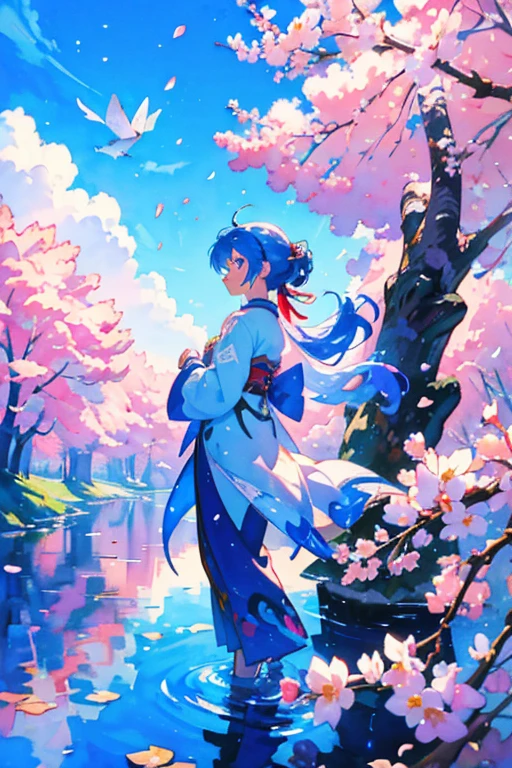 (luxury masterpiece), (highest quality), (dramatic)
Colorful smoke, spring, cherry blossom petals, beautiful butterflies, a girl, ninja, wearing a beautiful kimono, comic style, anime style illustration, delicate details, cool, cute, blue sky colored hair, beautiful features , shiny hair, hair tied with a red ribbon, shuriken, front view, watercolor painting, colorful, glitter, rays of light, brush-painted art, blue eyes, watercolor clouds in the background, standing on a tree , overlooking the city, water dragons are flying, bright colors are scattered