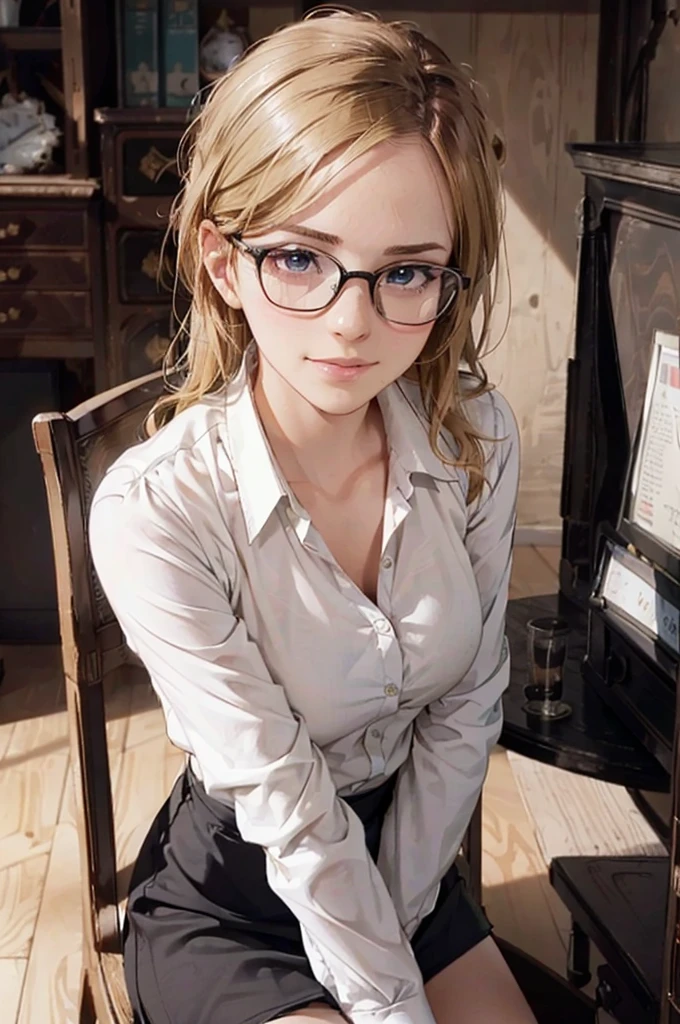 Masterpiece, 最high quality, high quality, High resolution, high quality texture, high quality shadows, High resolution, Beautiful details, Detailed CG, Detailed Texture, Realistic representation of face, Realistic, colorful, delicate, Cinematic Light, Side light, Lens flare, Ray Tracing, sharp concentrated, (1 Girl,concentrated:1.3), ( Intricate details, compensate, PureErosFaceV1:0.5), (細部まで美しいdelicateな顔, 緻密で美しいdelicateな瞳, Perfect Facial Proportions, Dense skin, Optimal ratio of four fingers to one thumb,Unified 8k wallpaper, Arms under chest, Modest chest, Wide Hips, Smooth upper abdomen, 35 years old, blue eyes, glasses, air fortress hair, blonde hair, house wife, the gaze of true love, lips of temptation, A look full of compassion ,a smile full of love, i love you, Acting lovey-dovey, I love you so much I'm crazy,
cabin attendant uniform,white blouse,tight fitting black skirt,black stockings, excellent secretary ,working as a secretary, wooden desk, wooden chair