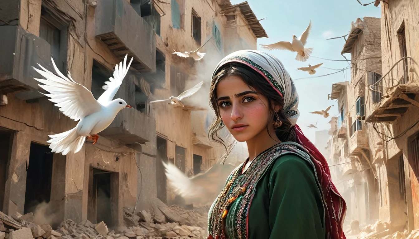 Create a realistic, emotionally impactful cover art for the song "Jeritan Anak Palestina". Feature a Palestinian  with tear-filled eyes wearing traditional clothing, set against a war-torn background with crumbled buildings and smoke. Include symbols of peace like an olive branch and a white dove, and use a muted color palette with touches of light for hope. Add the title "Jeritan Anak Palestina" at the top in a bold font, the subtitle "The Cries of Palestinian Children" underneath, and the artist's name at the bottom. (realistic, detailed, 8k)