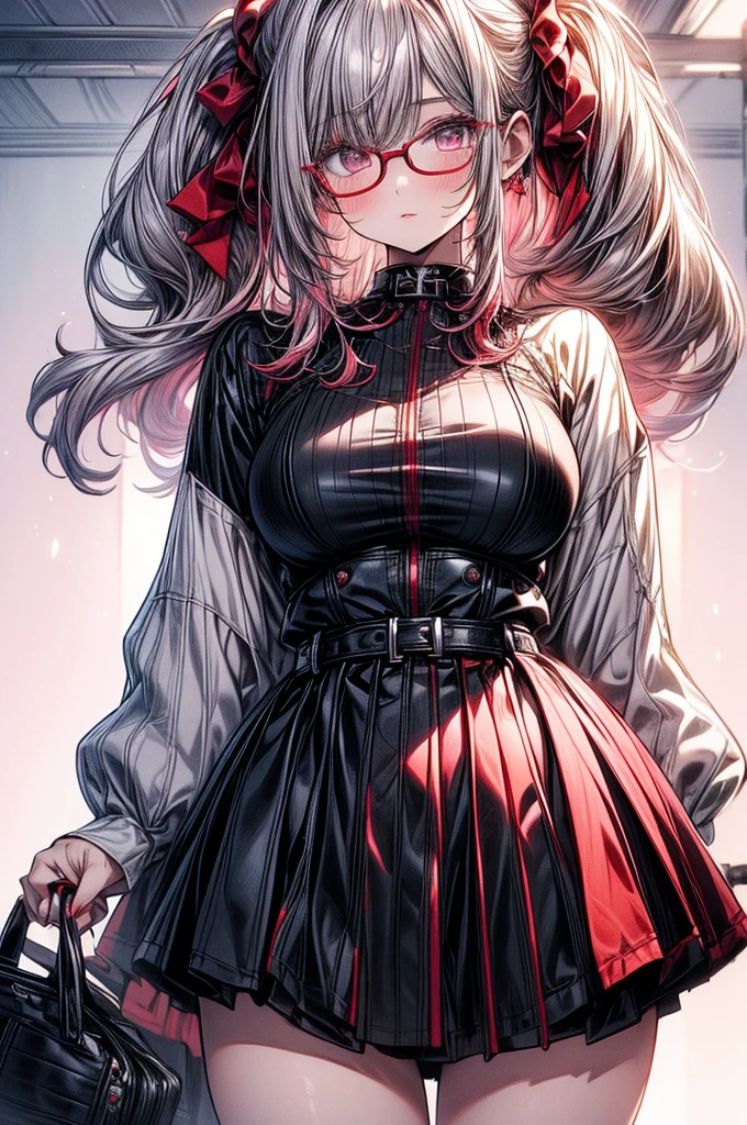 masterpiece, best quality, high-resolution, finely detailed, extremely detailed and beautiful, distinct_image, 1 girl, solo, beautiful young teenage girl, 13 years old, tanned white skin, long waist length hair(pink-red hair)(white highlights), soft facial features, heterochromatic eyes(left eye: silver)(right eye: red), elegant battle-styled sundress, cherry red plump lips, large E-cup breasts, short height(150cm). wide hips and plump large round ass, silver round-frame glasses, athletic and toned body