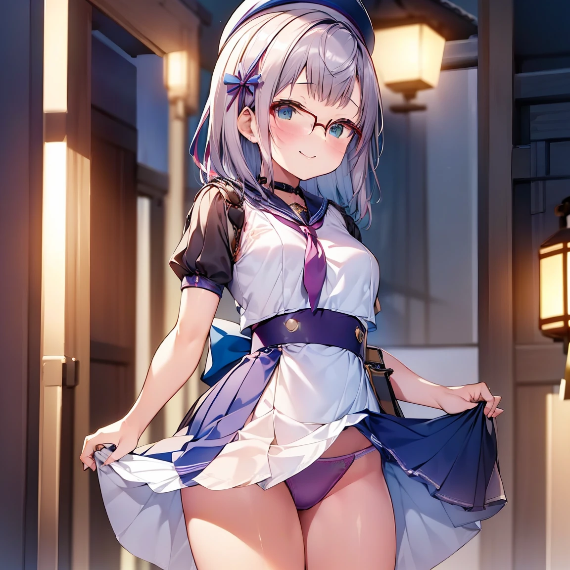 8K、masterpiece、Japanese、Woman wearing glasses、Neon(nod)、from the front、smile、Childish、Small breasts、See-through underwear、night、Bedroom、Show your underwear、mini skirt