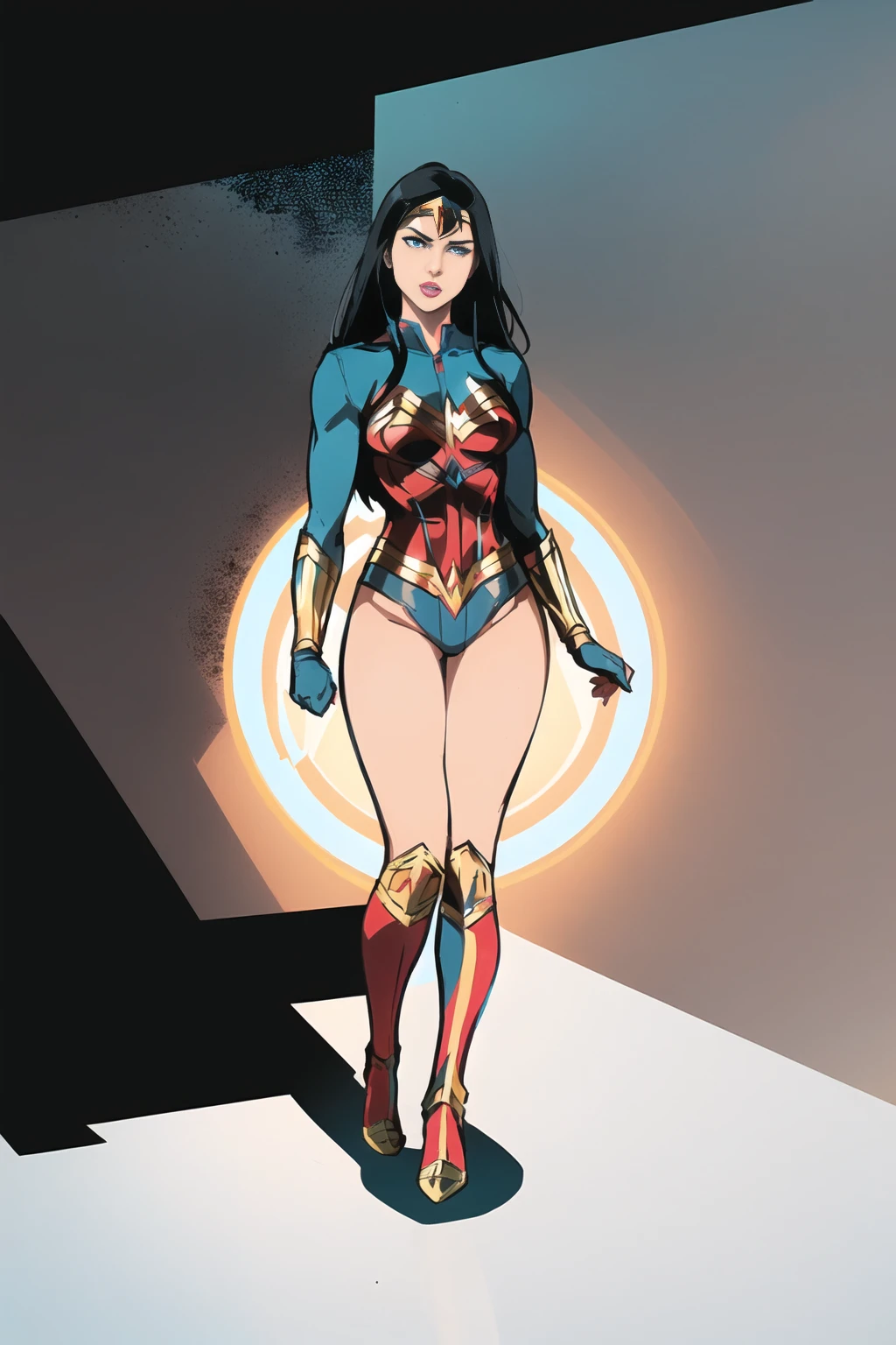 ((Full body photo, standing, feet on the ground)) wonder woman, 1girl, female focus, solo, black hair, blue eyes, superhero, gloves, makeup, lipstick, bodysuit, breasts, medium breasts, leotard, monitor, ((work of art))
