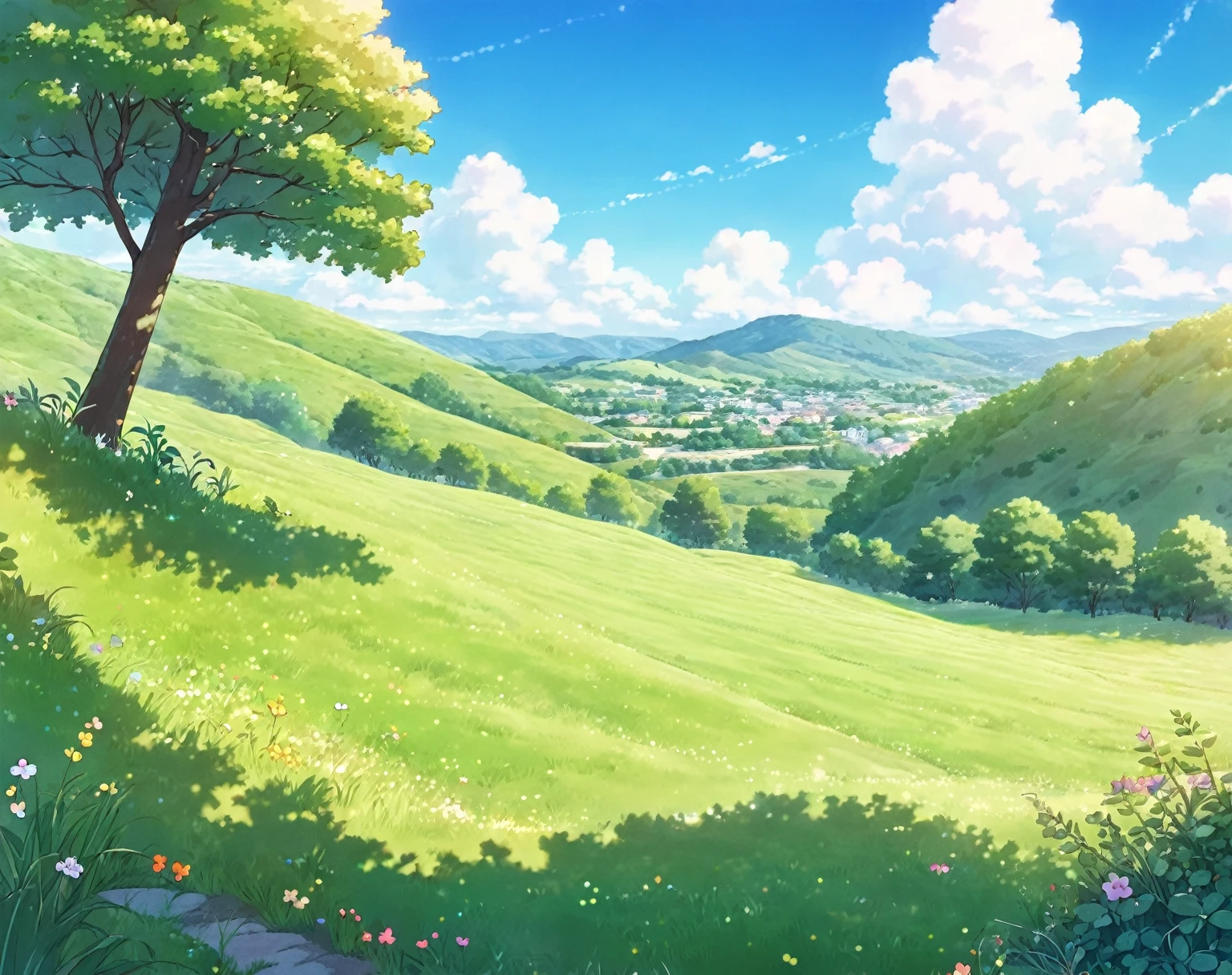 kawaii, outdoors, sky, clouds, tree, no humans, grass, plant, nature, scenery, hill on an incline, pastel colors,

