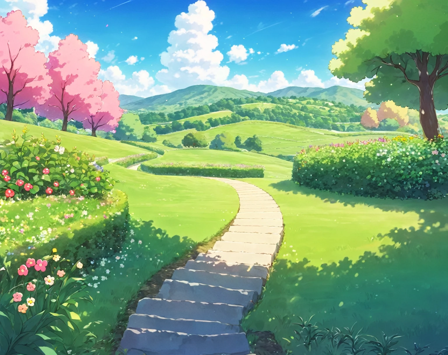 kawaii, outdoors, sky, clouds, tree, no humans, grass, plant, nature, scenery, hill on an incline, pastel colors,

