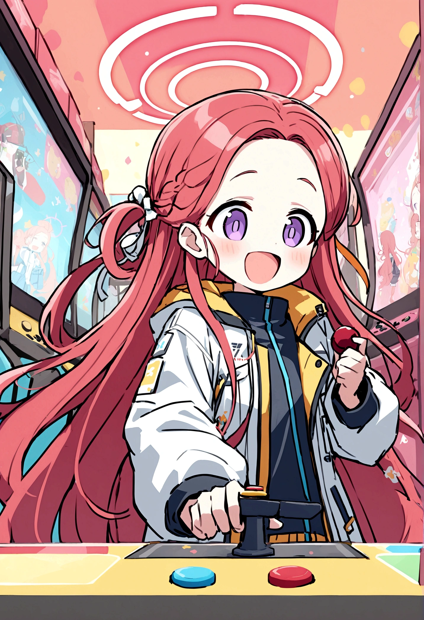 joystick, video game, very long hair, red hair, purple eyes, jacket, yuzu (blue archive), happy, arcade,