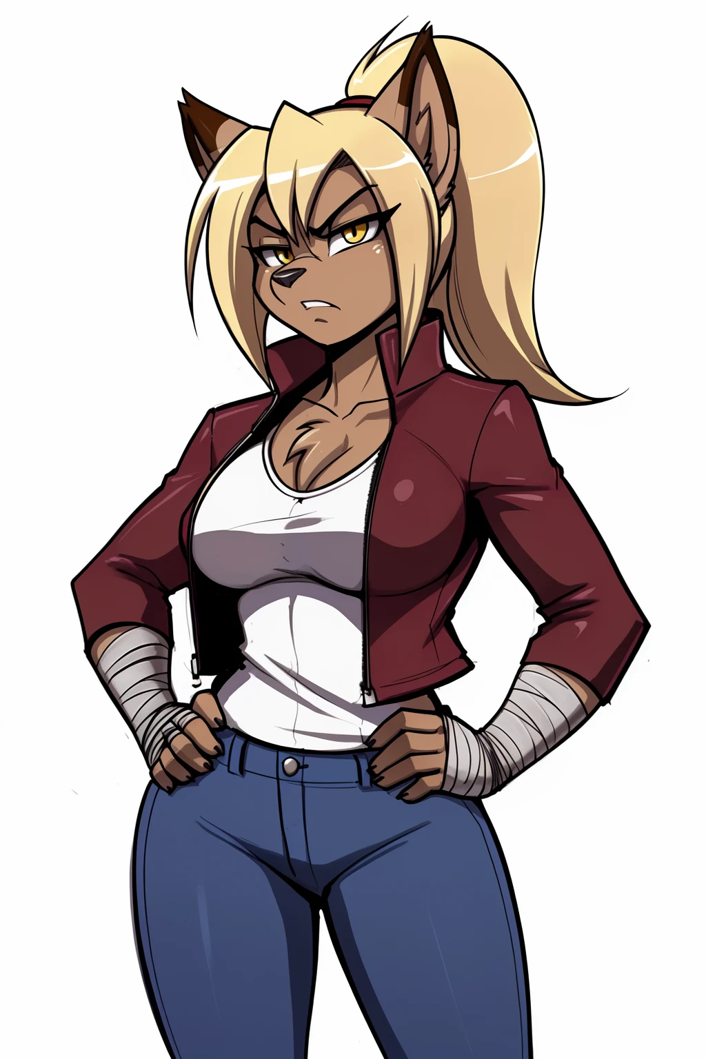 (adult, sketch-ish, 2d, absurdres, cel-shaded, best quality, uploaded on e621, trending on deviantart:1.5), (by john joseco:1.3), (by drako1997, by kadath, by bigdad, by scappo, by shonuff:1.1), (by zeekzag:1.4), (by scappo, by kanel), [by pgm300], (((white background, no background, no lighting, flat color:1.4))),  solo, (female:1.2), (chest tuft:1.3), (anthro, furry brown wolf), (breasts), ((brown fur, brown body, brown tail, brown ears:1.5)), (medium-length hair with ponytail, blonde hair:1.1), (eyelashes, yellow eyes), (blue waist-length jacket with black tank top, red jacket:1.4), (blue jeans), (slightly mad, tsundere, stern, strict, serious), (cute), small tail, (hand on hip, white hand wraps around hands:1.3), (remove thumb)