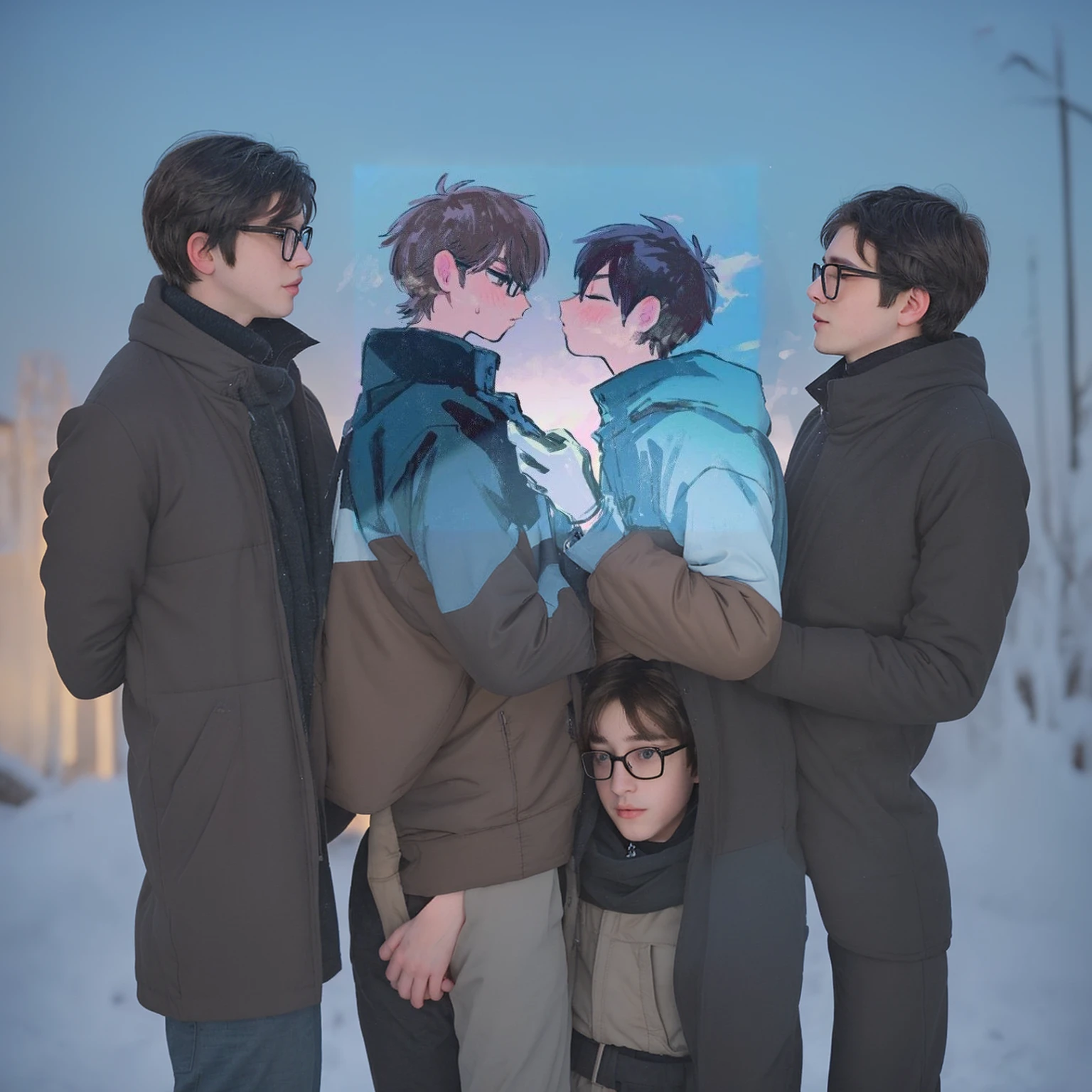 two boys, one with brown hair and black glasses and the other with black hair, both in winter about to kiss while the black-haired boy leans down to kiss the brown-haired boy 