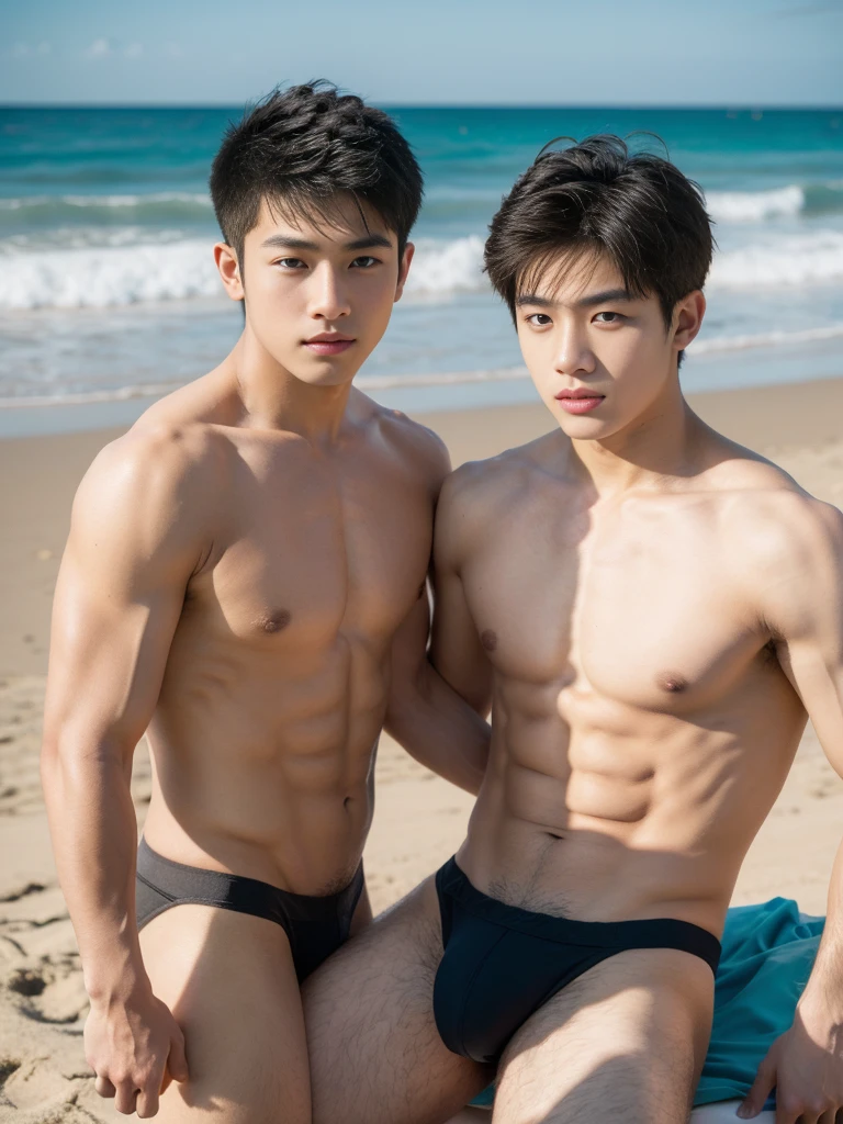 two boy, asian young man, muscular, twink, normal body, jockstrap, beach,