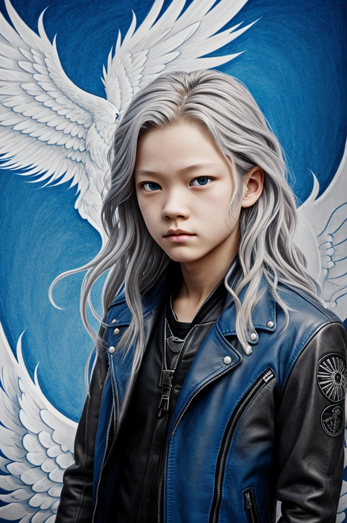 drawing style:tokyo revengers, girl, 15 years, gray eyed albino, wavy hair, He wears a leather jacket with a blue phoenix on the back