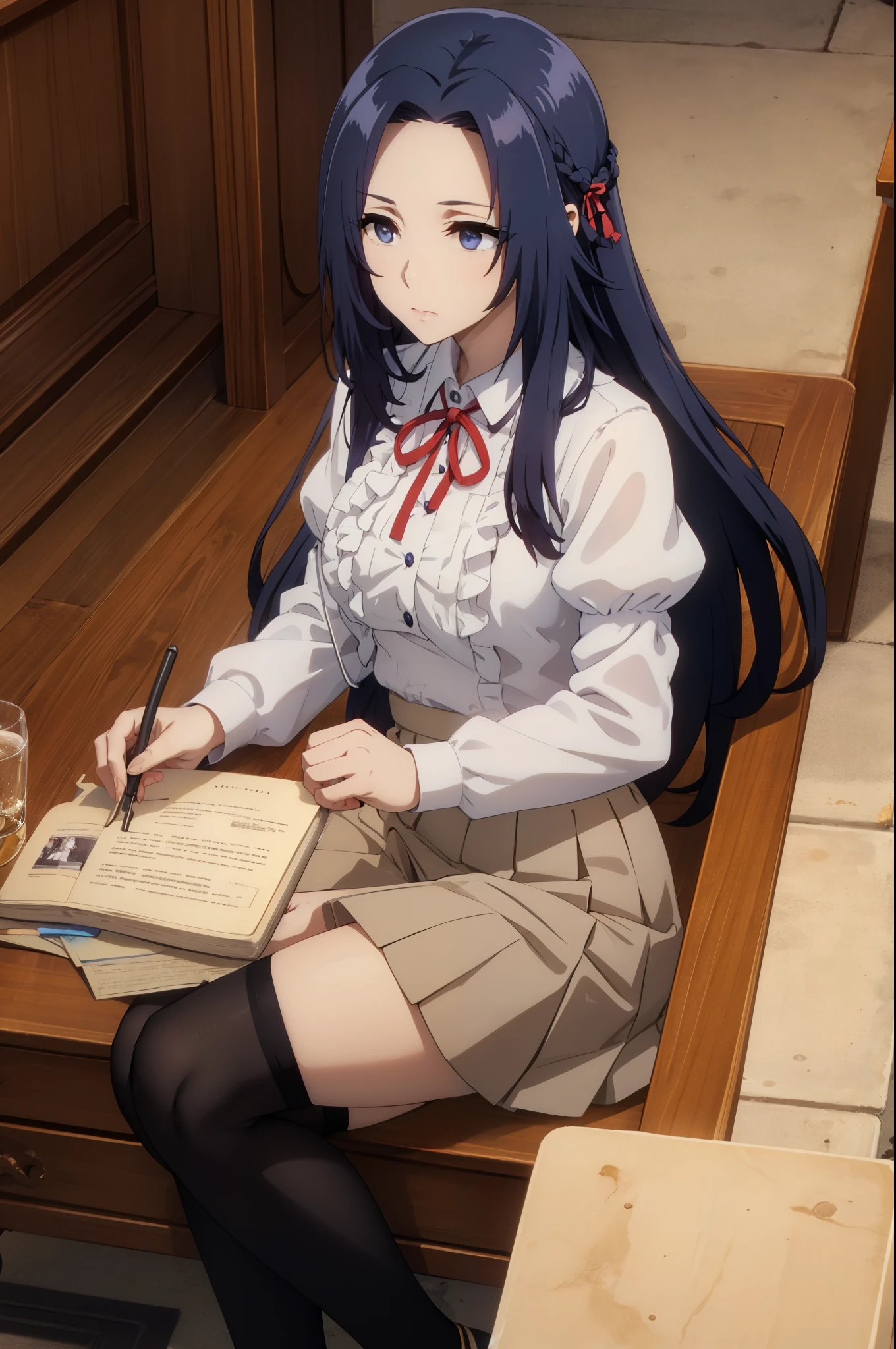 shirt, long sleeves, ribbon, closed mouth, , white shirt, pleated skirt, frills, puffy sleeves, brown skirt, black thighhighs, red ribbon, neck ribbon,blue eyes,blue hair,