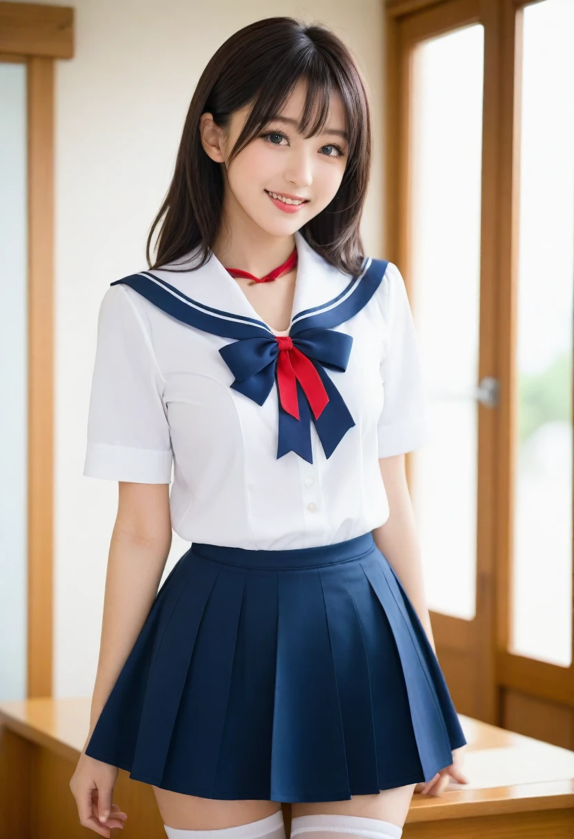 8K, Ultra-high resolution, Highest quality, masterpiece, 三分割法によるphotograph,Surreal, photograph, 1 girl, (:1.3), pretty girl, Cute face, Beautiful eyes in every detail, 細かくdetailedに,masterpiece,, One Girl:1.2, Japan Female Announcer,whole body、Black Hair、well-groomed eyebrows、Cute Lip Makeup、Calm atmosphere、A short-sleeved shiny dark sailor suit、White sailor collar、Navy blue pleated skirt、Red ribbon、White Stockings、Standing by the window of a classroom、Cute gestures、so beautiful,A carefree smile,Healing the heart,short hair,Looking at the audience、beauty,Long neck、Laugh a little、Please close your mouth and laugh、(((Ideal body type))),A-cup small breasts :2,、Portraiture:2、Perfect Anatomy、鮮明なdetailed、detailed、Surreal、Light and shadow,Strong light