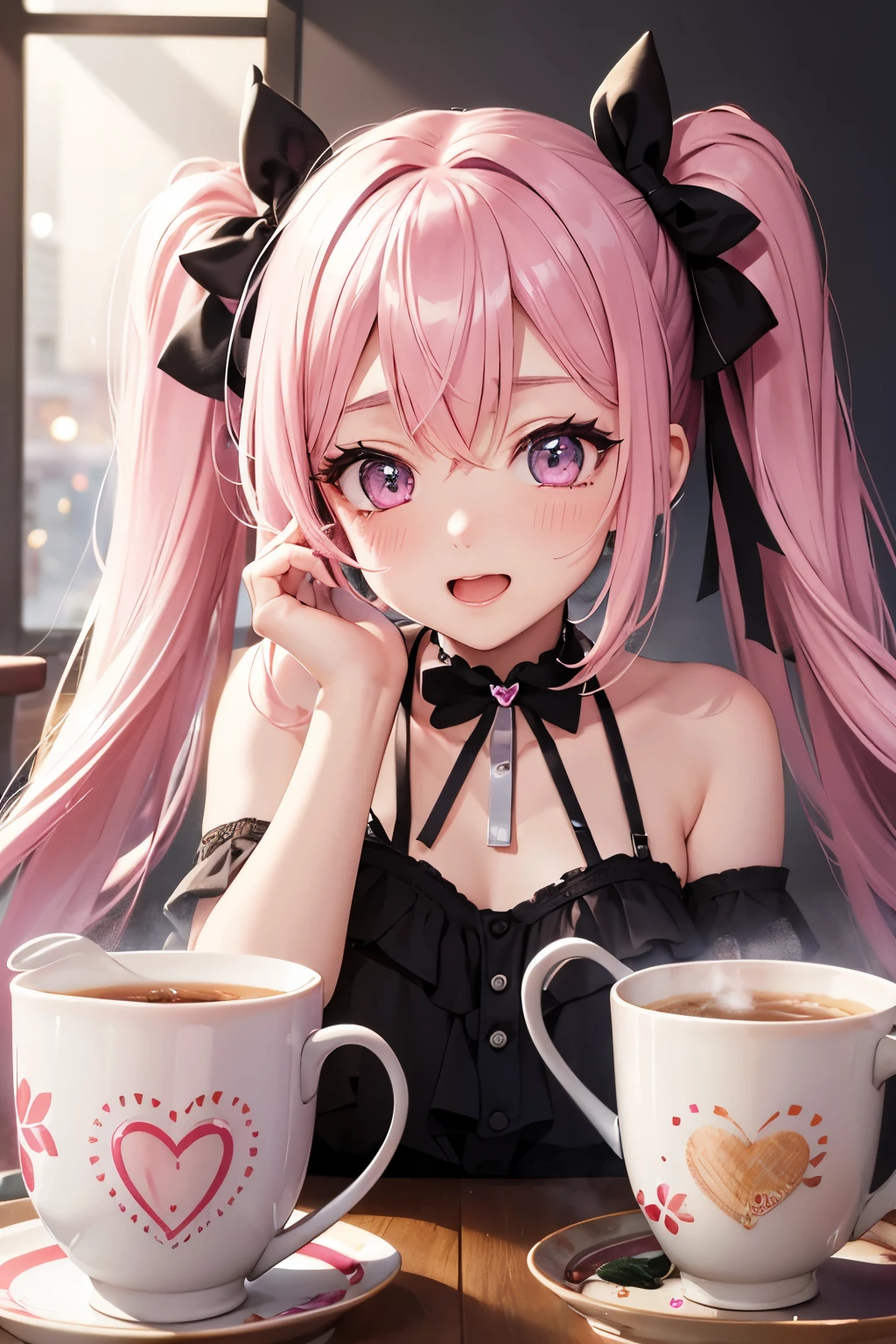 striped hair,pink twintail hair, Hello, mole under eye, mole under mouth, heart shaped eyes, long eyelashes, pink eyes, heart shaped choker、Full body Esbian、look at the audience、shy, blush, teeth, ear blush, nose blush,anime style, color field paint, ray tracing, bloom, one person'point of view, nffsw, award-winning, 16k, 最high quality, advanced details, high quality, table top, High resolution, Accurate, Super detailed