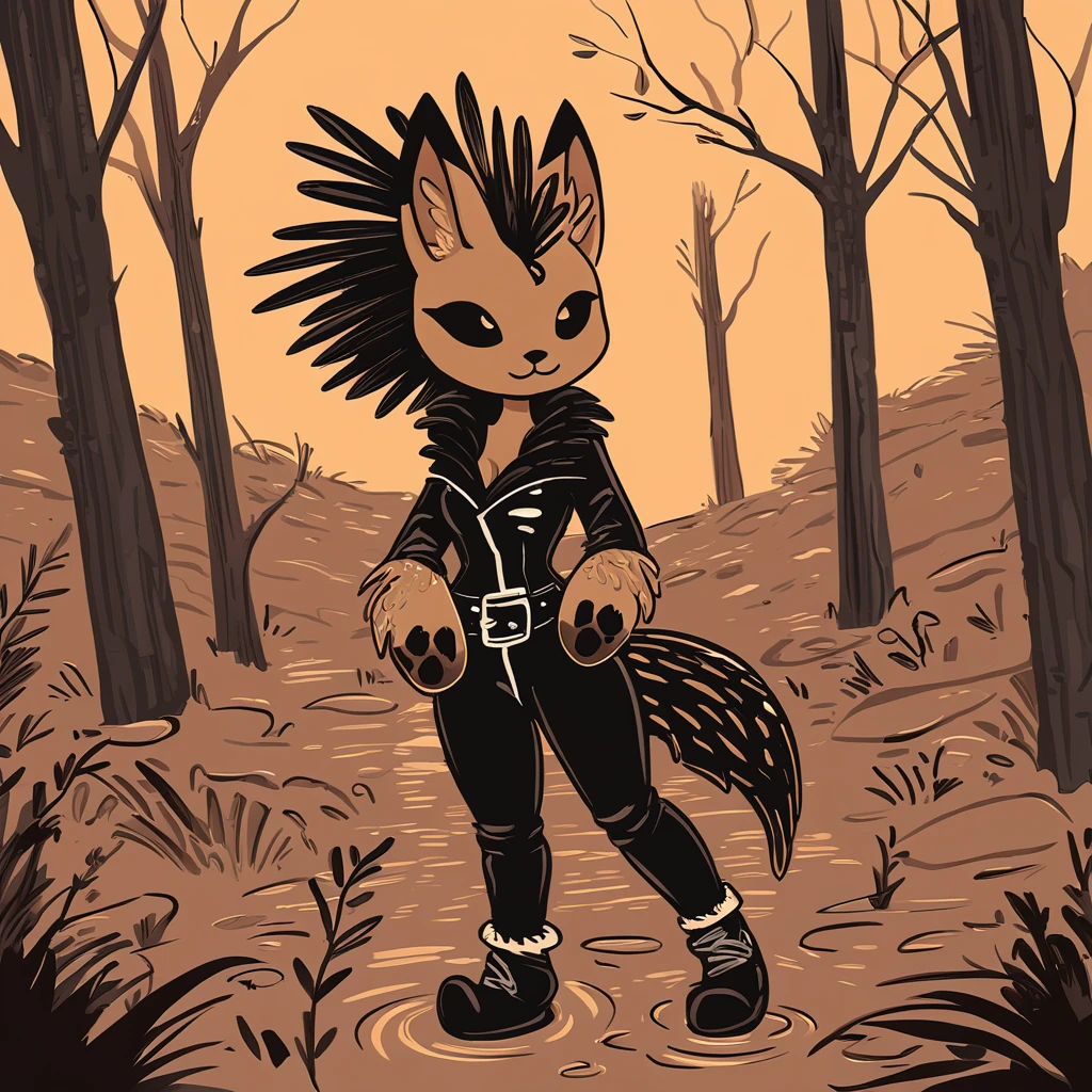 aardwolf slime girl made of brown furry slime with black stripes dressed in furs and leathers with a mohawk wandering around in the wilds in illustration art style